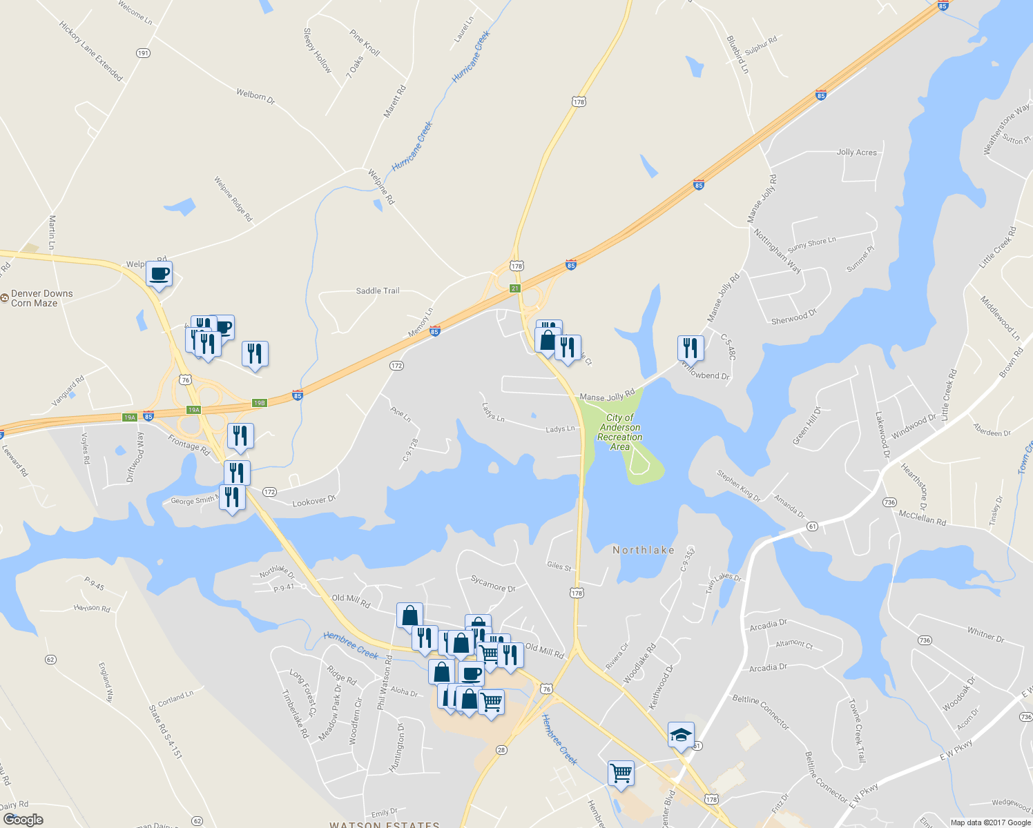 map of restaurants, bars, coffee shops, grocery stores, and more near 1017 Ladys Lane in Anderson