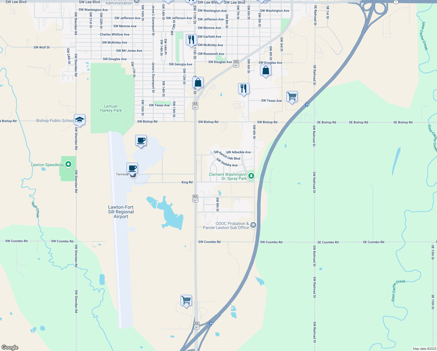 map of restaurants, bars, coffee shops, grocery stores, and more near 3422 Southwest Abilene Drive in Lawton