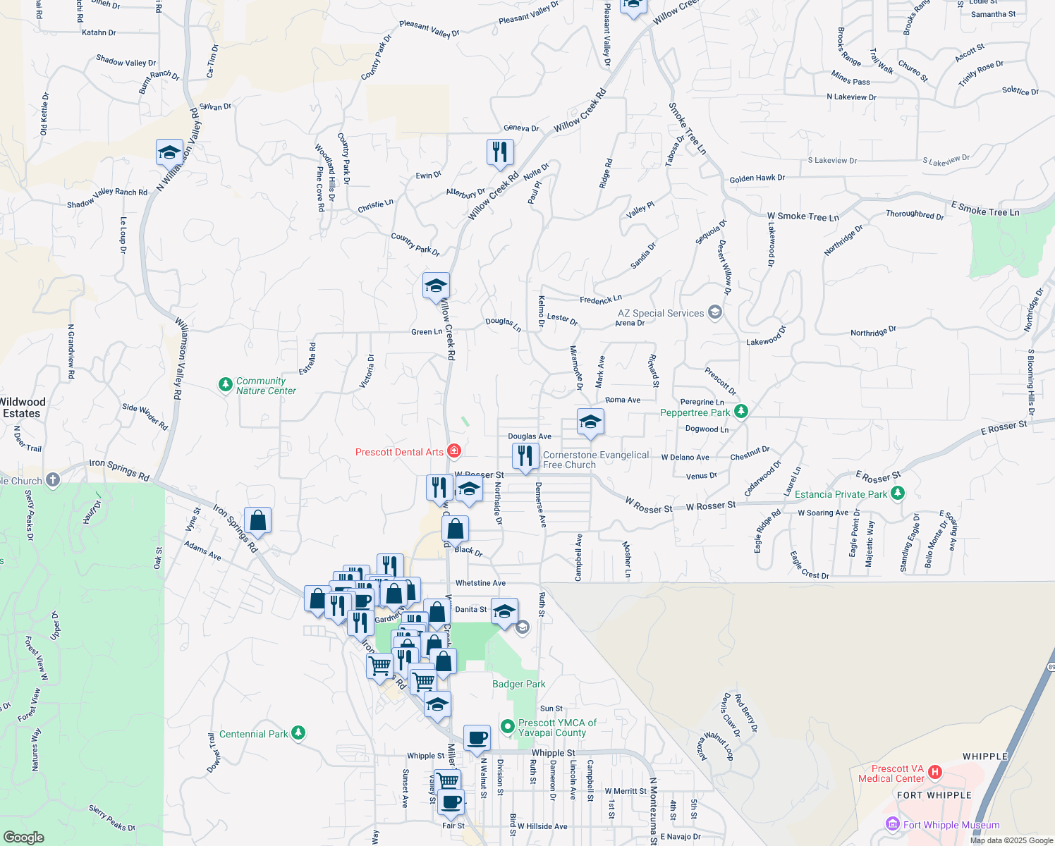 map of restaurants, bars, coffee shops, grocery stores, and more near 709 Mingus Avenue in Prescott