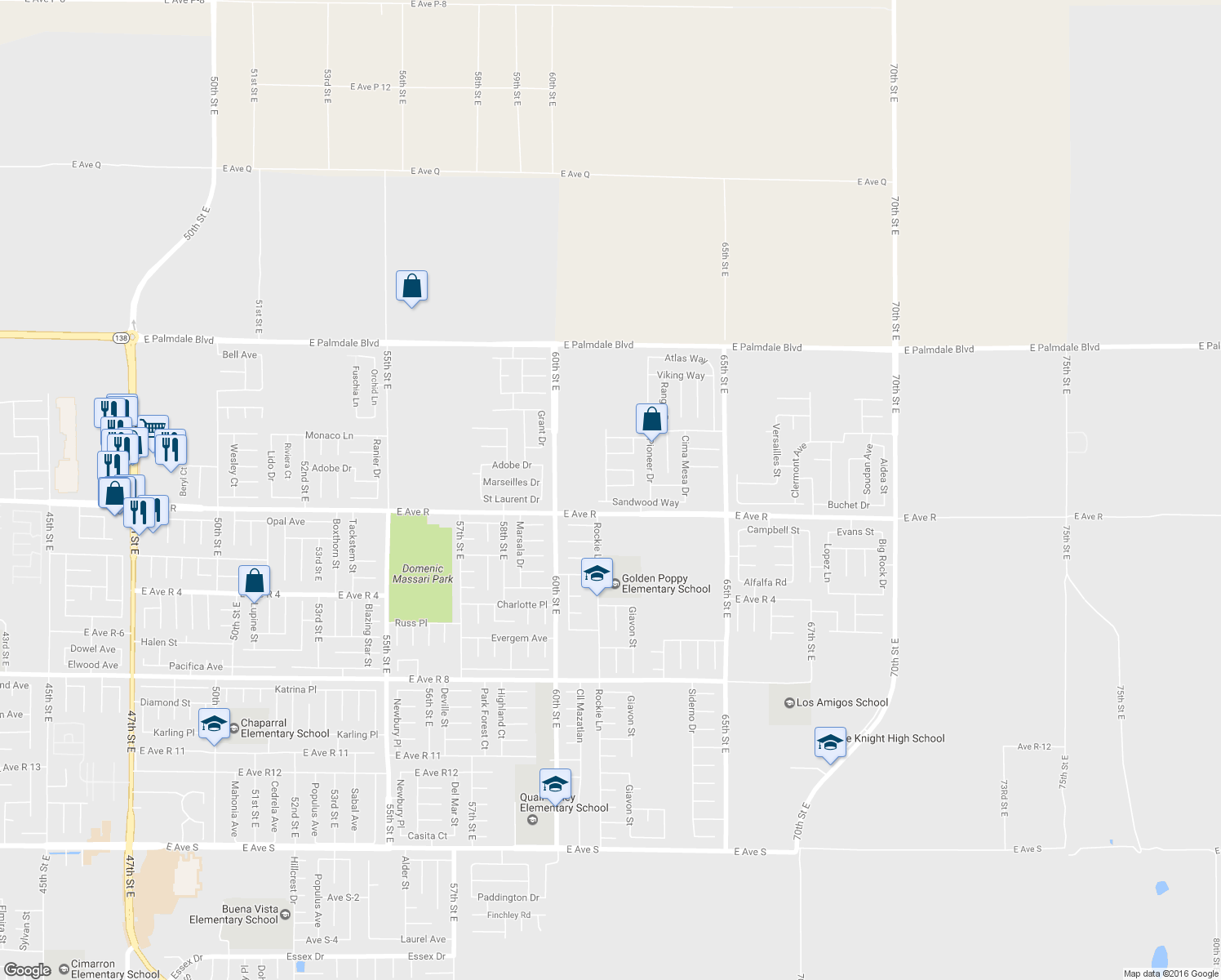 map of restaurants, bars, coffee shops, grocery stores, and more near 6118 Whitney Way in Palmdale