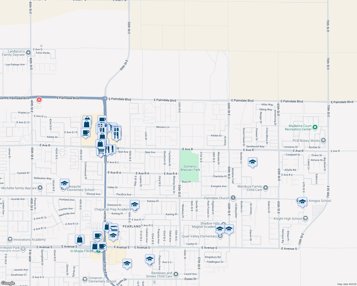 map of restaurants, bars, coffee shops, grocery stores, and more near 38028 Ranier Drive in Palmdale