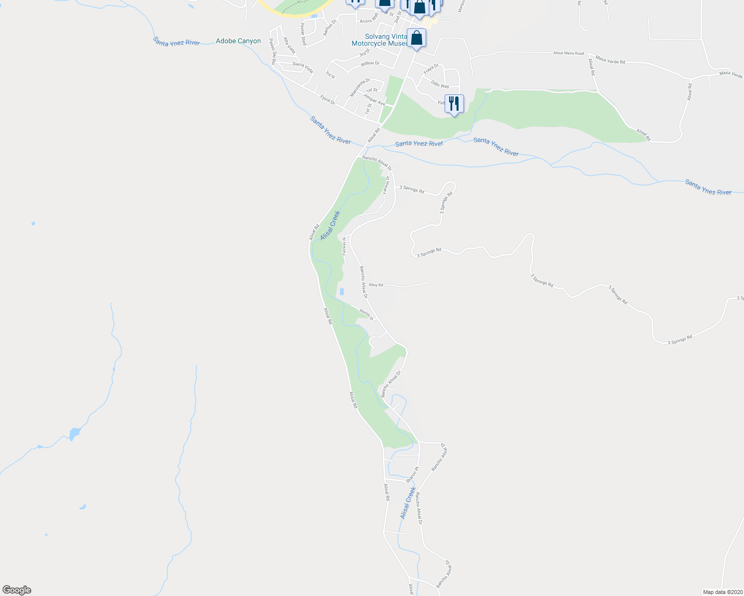 map of restaurants, bars, coffee shops, grocery stores, and more near 630 Rancho Alisal Drive in Solvang