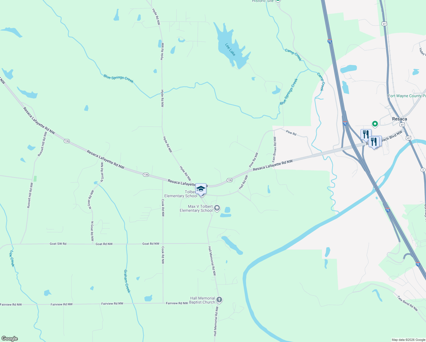map of restaurants, bars, coffee shops, grocery stores, and more near 987 Resaca Lafayette Road Northwest in Resaca