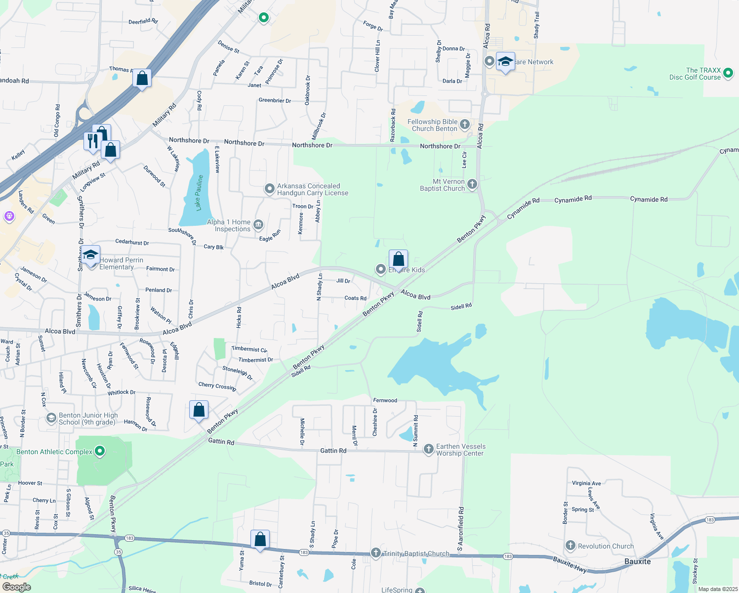 map of restaurants, bars, coffee shops, grocery stores, and more near 3517 Coats Road in Benton