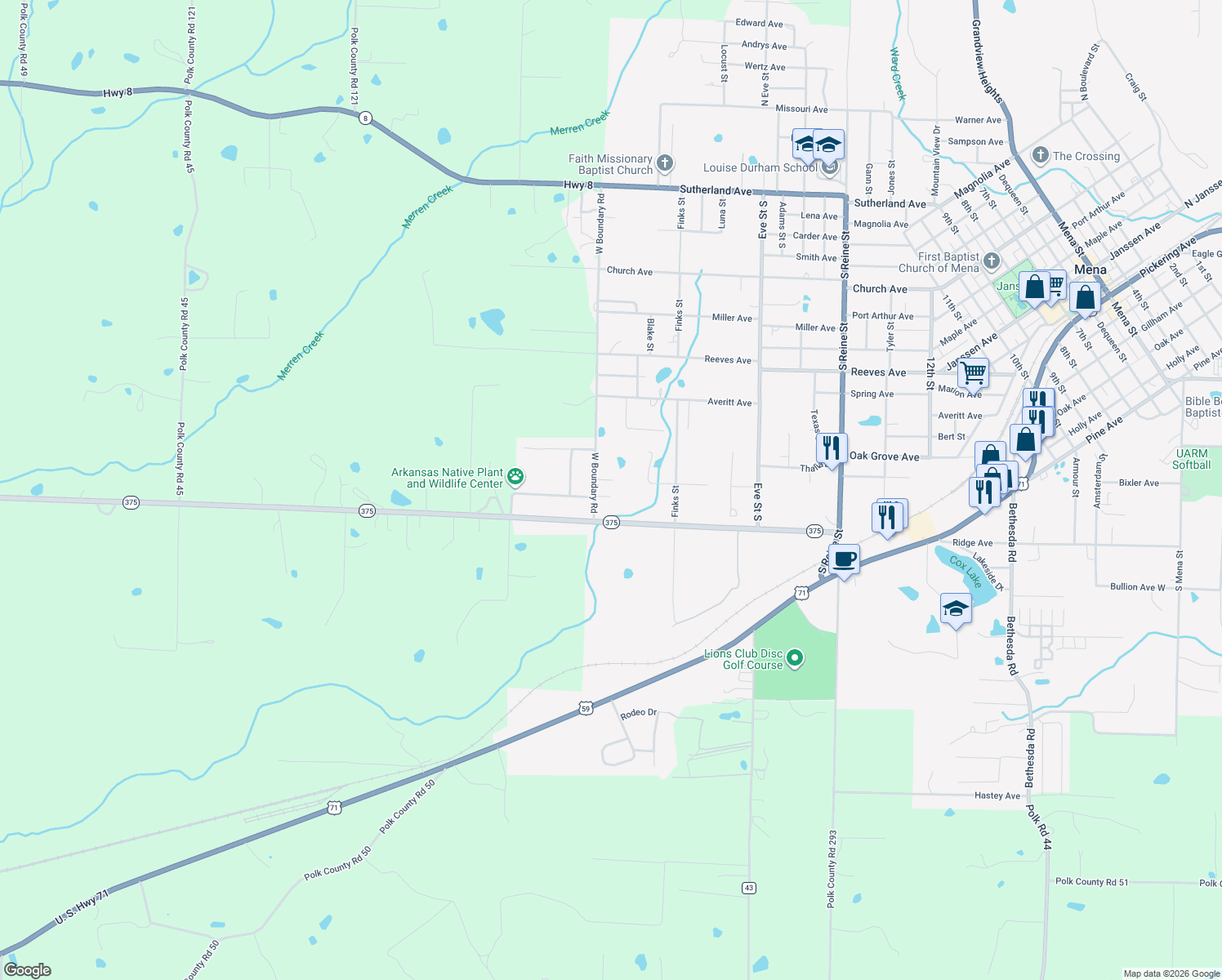map of restaurants, bars, coffee shops, grocery stores, and more near 2705 Doris Drive in Mena