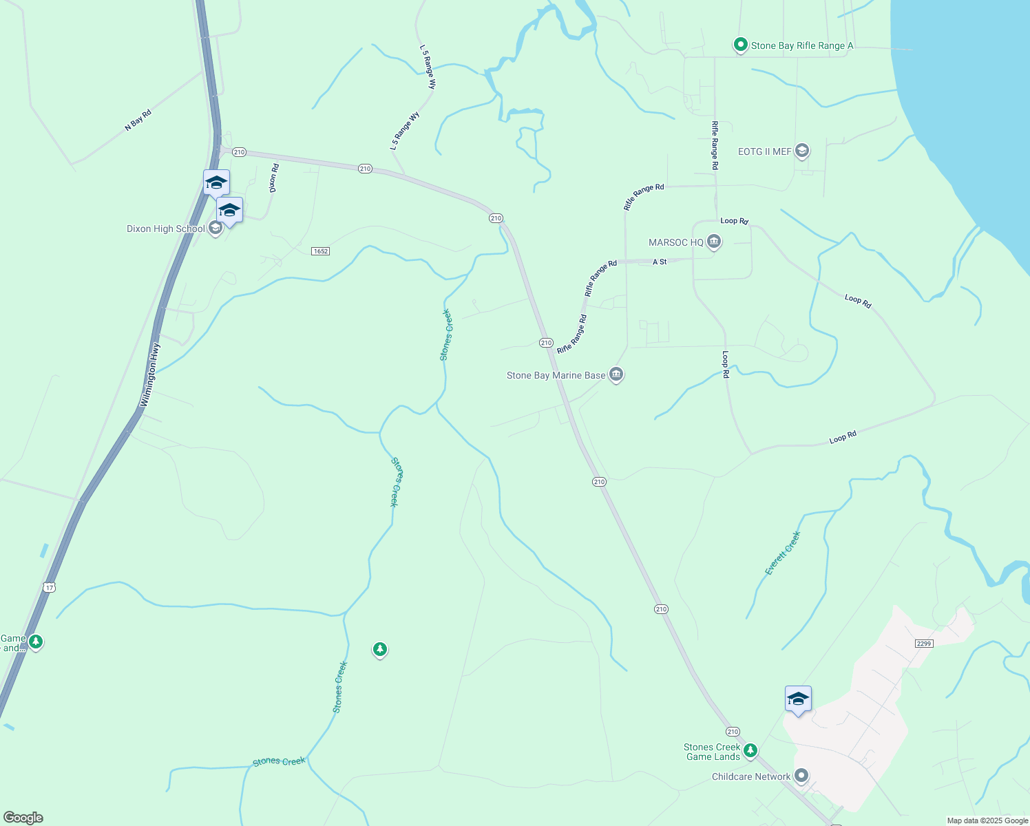 map of restaurants, bars, coffee shops, grocery stores, and more near 108 Manchester Lane in Holly Ridge