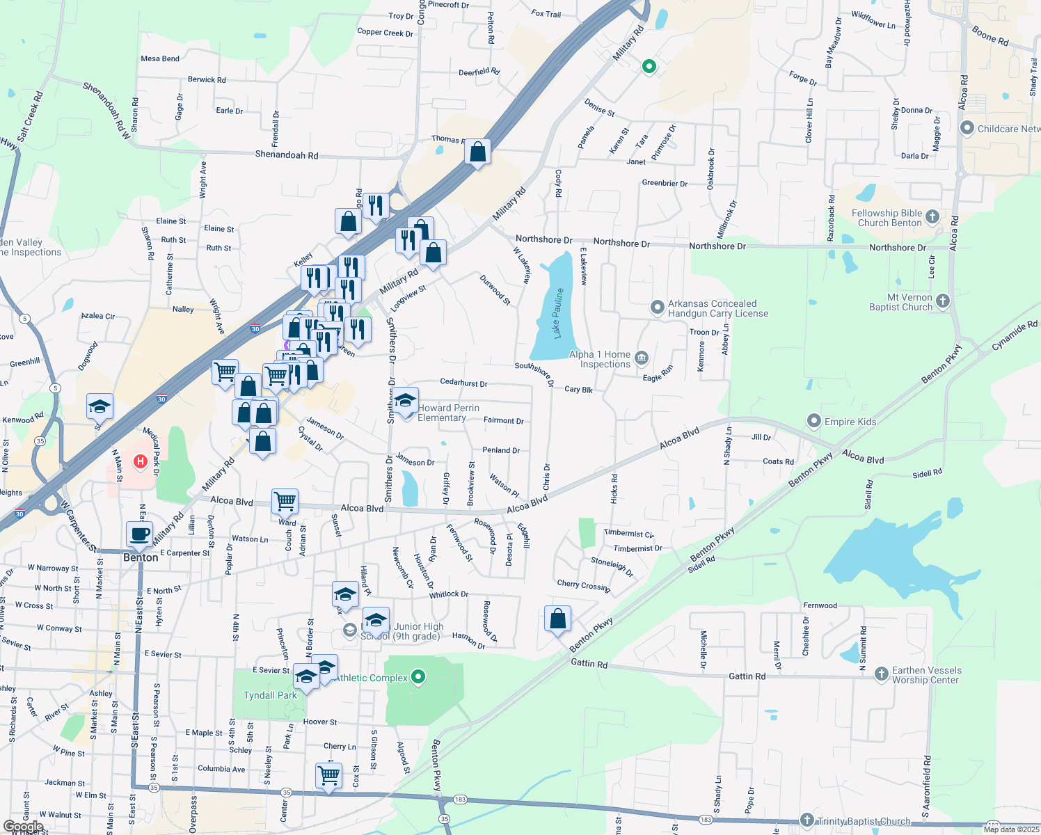 map of restaurants, bars, coffee shops, grocery stores, and more near 2100 Fairmont Drive in Benton