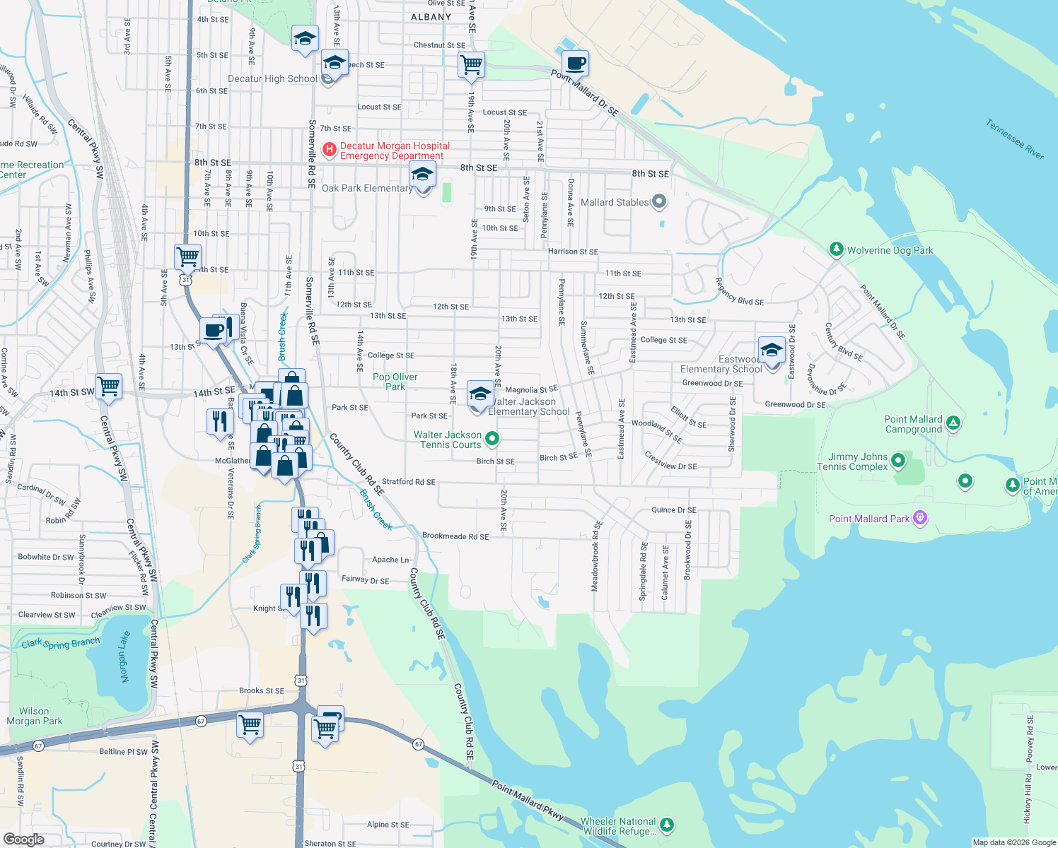 map of restaurants, bars, coffee shops, grocery stores, and more near 2021 Park St SE in Decatur