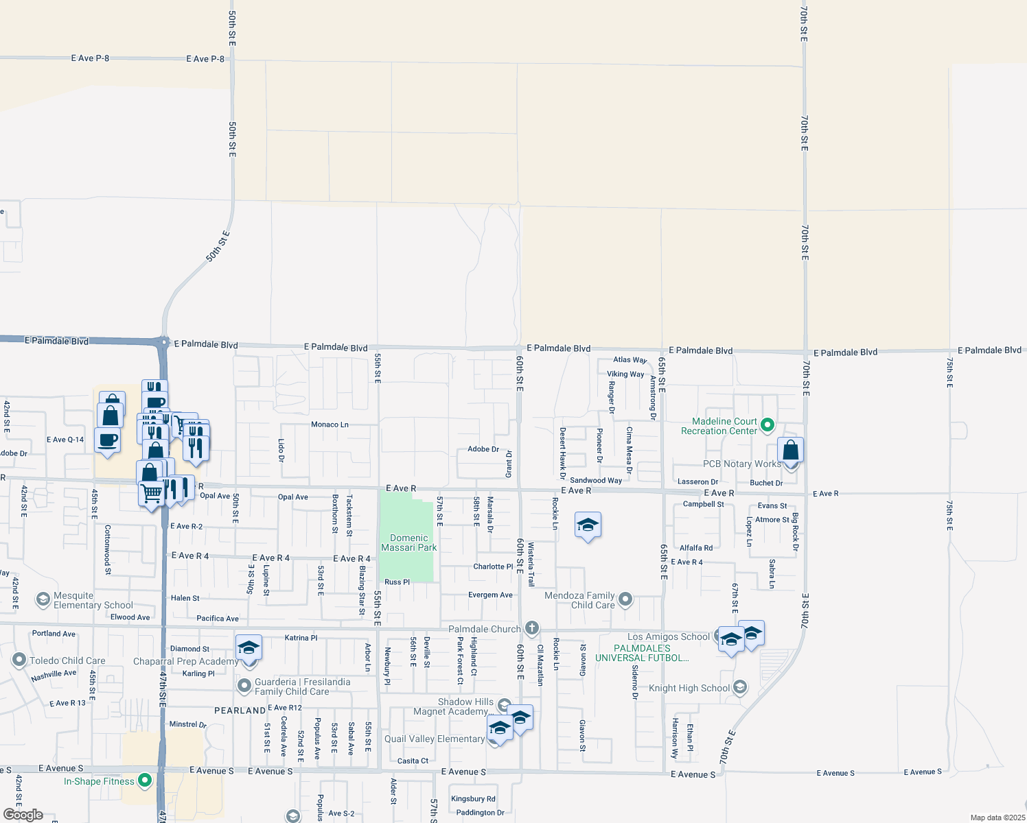 map of restaurants, bars, coffee shops, grocery stores, and more near 38216 Grant Drive in Palmdale