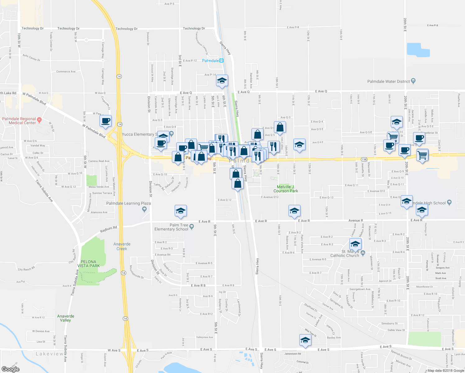 map of restaurants, bars, coffee shops, grocery stores, and more near 38251 6th Street East in Palmdale