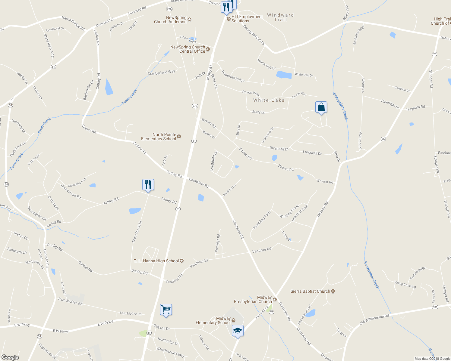 map of restaurants, bars, coffee shops, grocery stores, and more near 324 Smithfield Drive in Anderson