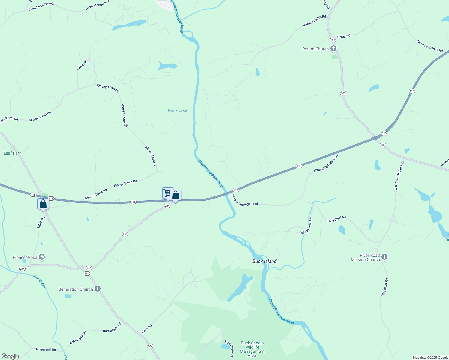 map of restaurants, bars, coffee shops, grocery stores, and more near 119 Chattahoochee Winds in Demorest