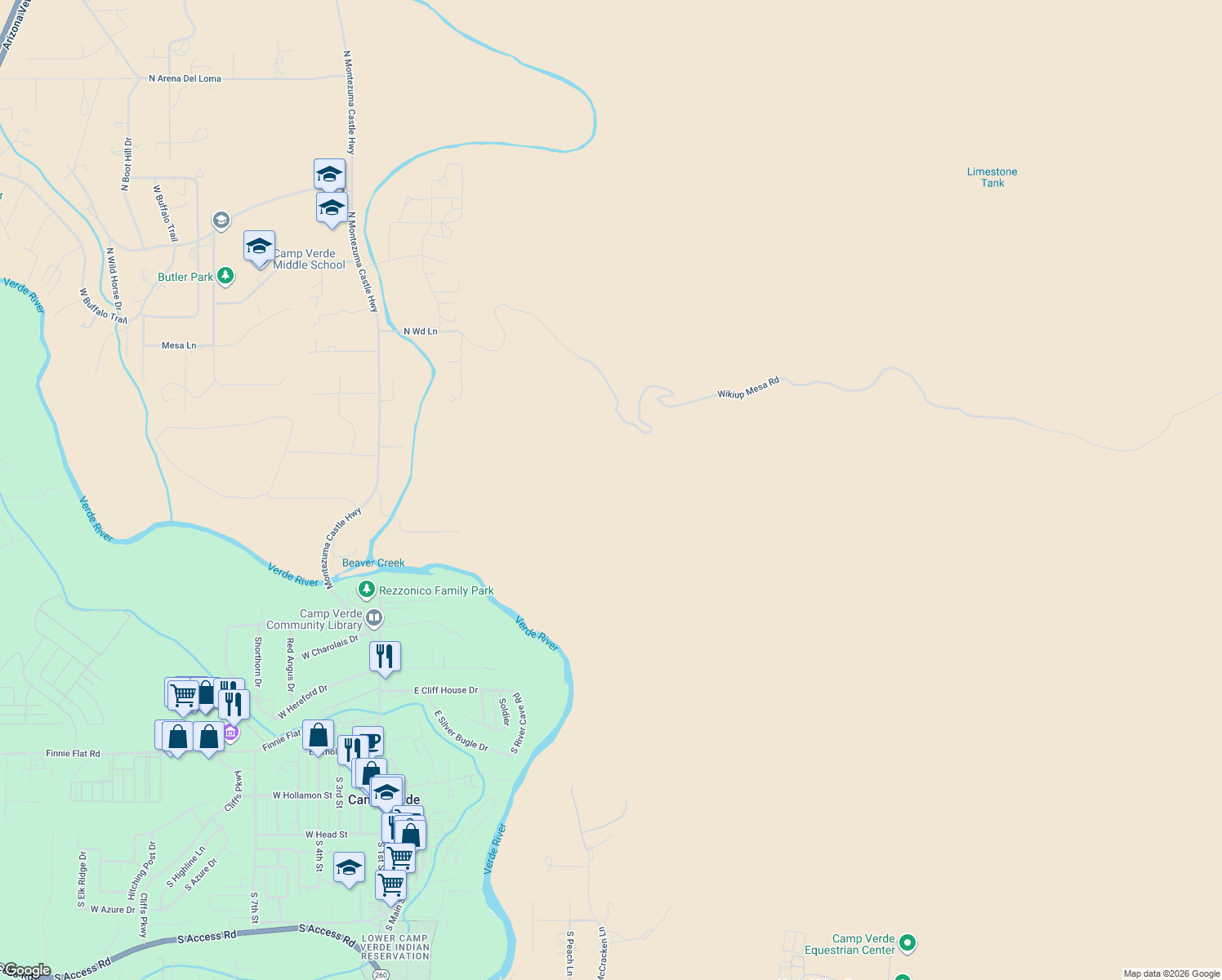 map of restaurants, bars, coffee shops, grocery stores, and more near Forest 9203 Road in Camp Verde