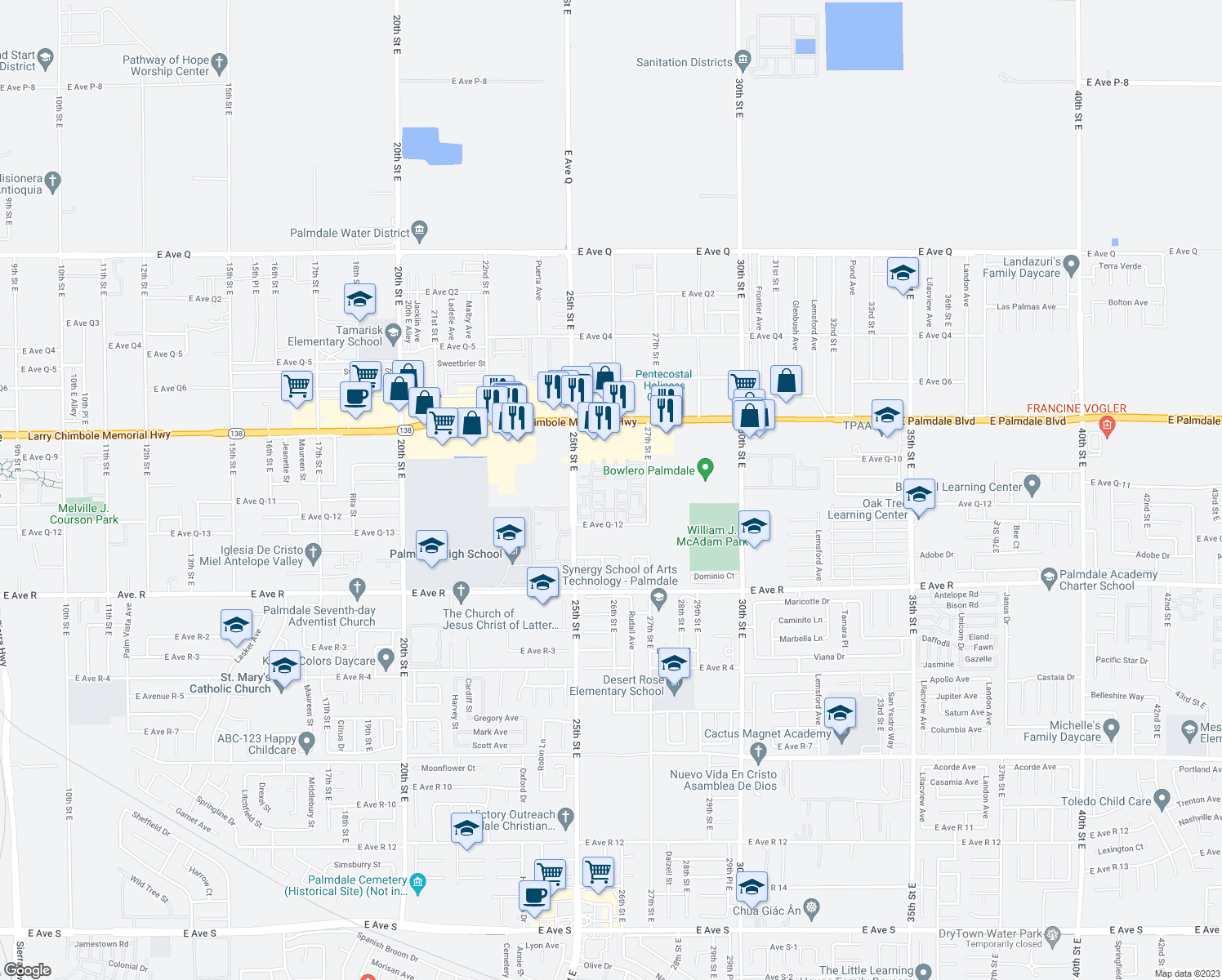 map of restaurants, bars, coffee shops, grocery stores, and more near 2553 Sparkling Water Court in Palmdale