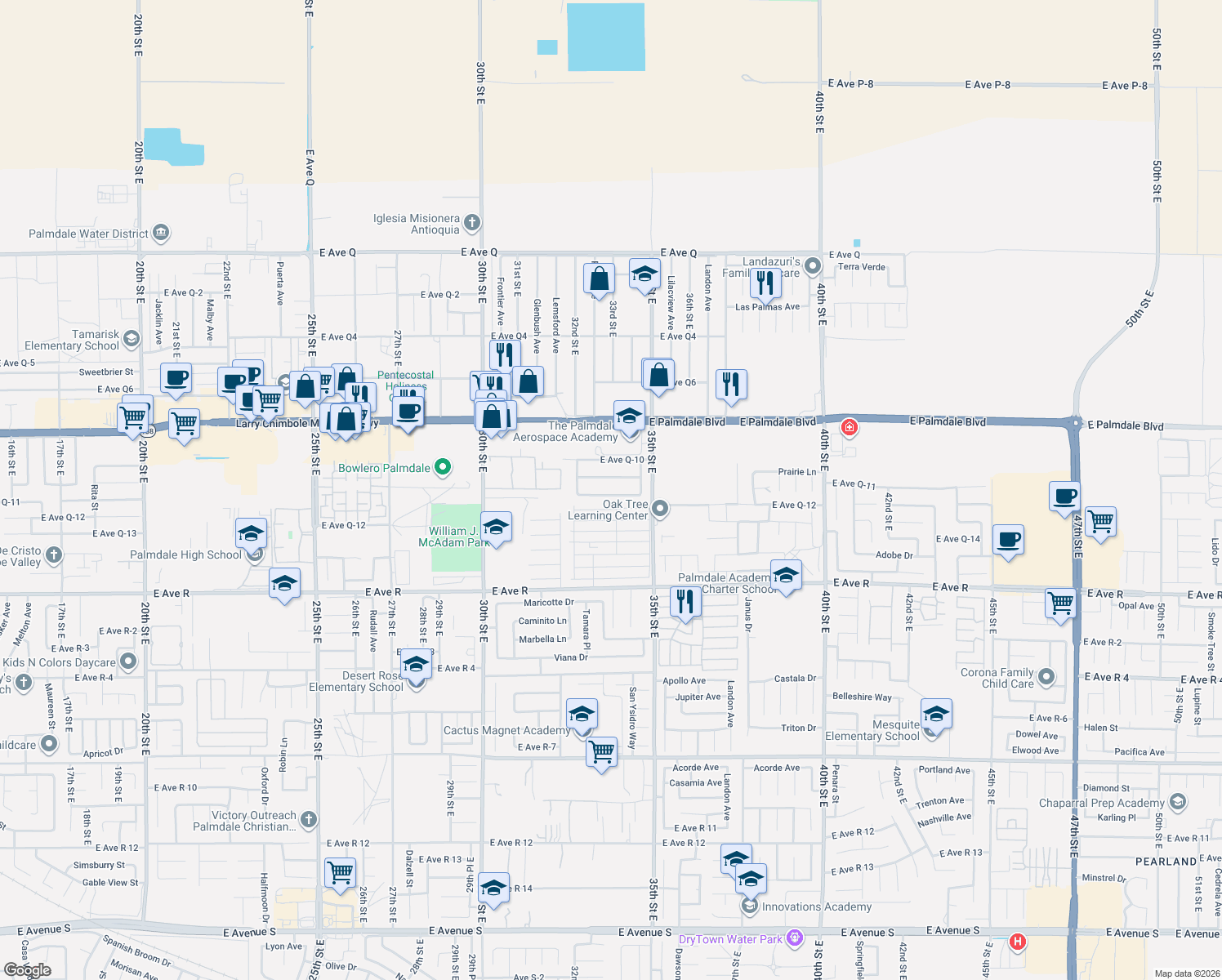 map of restaurants, bars, coffee shops, grocery stores, and more near 3301 Honeysuckle Avenue in Palmdale