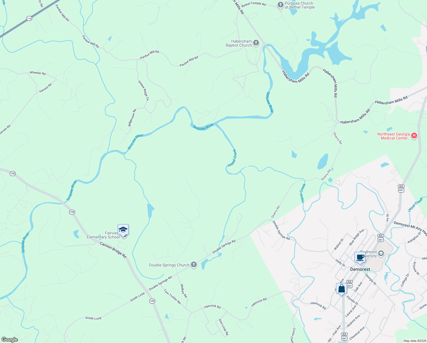 map of restaurants, bars, coffee shops, grocery stores, and more near 977 Double Springs Road in Demorest