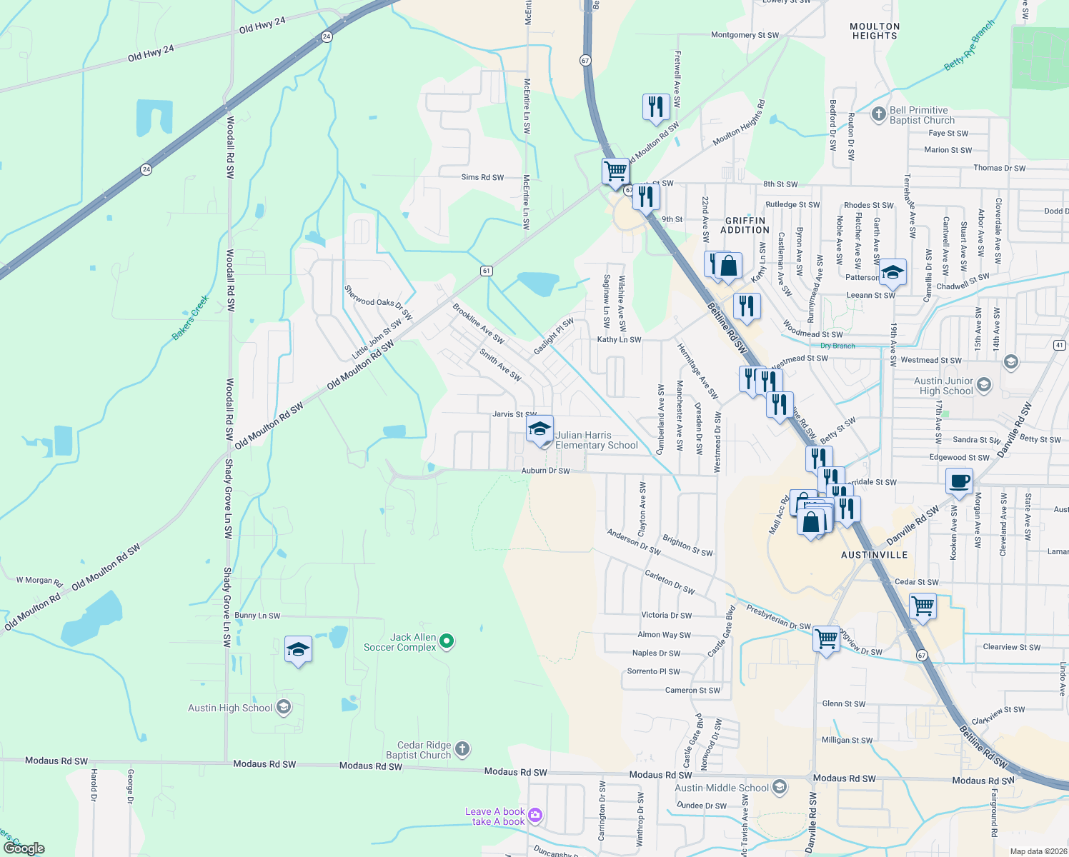 map of restaurants, bars, coffee shops, grocery stores, and more near 2506 McNair Street Southwest in Decatur