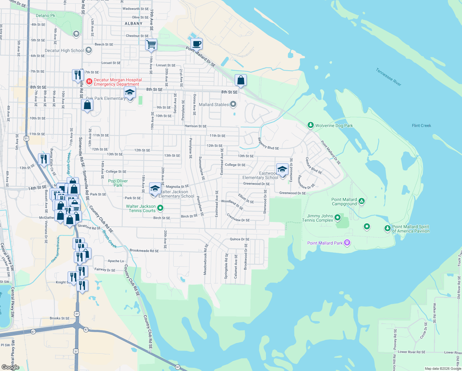 map of restaurants, bars, coffee shops, grocery stores, and more near 2307 Greenwood Drive Southeast in Decatur