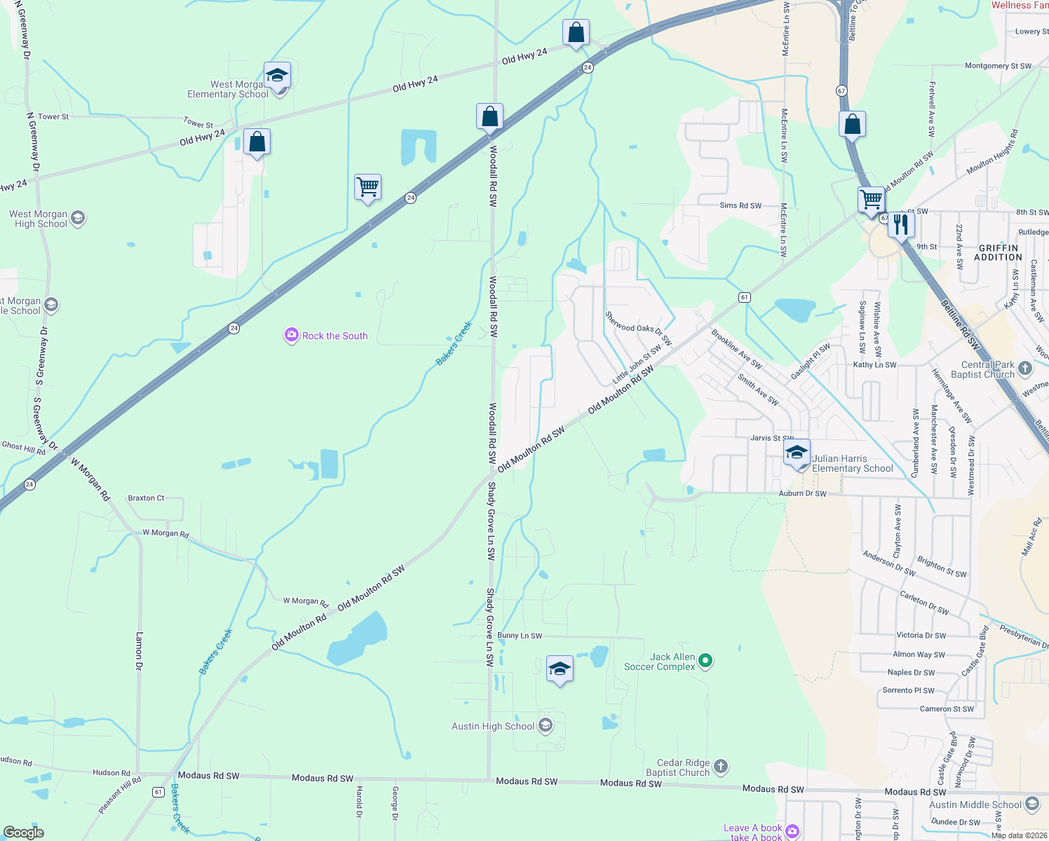 map of restaurants, bars, coffee shops, grocery stores, and more near 1937 Red Sunset Drive Southwest in Decatur