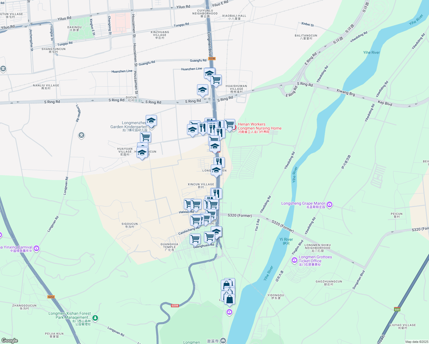 map of restaurants, bars, coffee shops, grocery stores, and more near in Luoyang