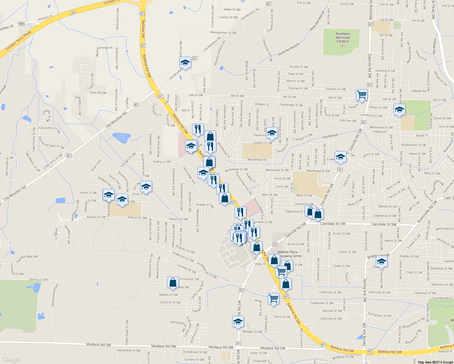 map of restaurants, bars, coffee shops, grocery stores, and more near 2046 Beltline Road Southwest in Decatur