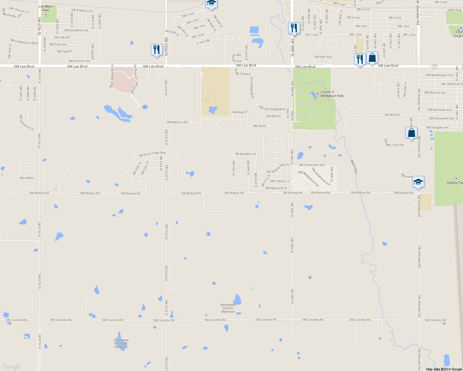 map of restaurants, bars, coffee shops, grocery stores, and more near 24152415 NW 45th Pl in Lawton