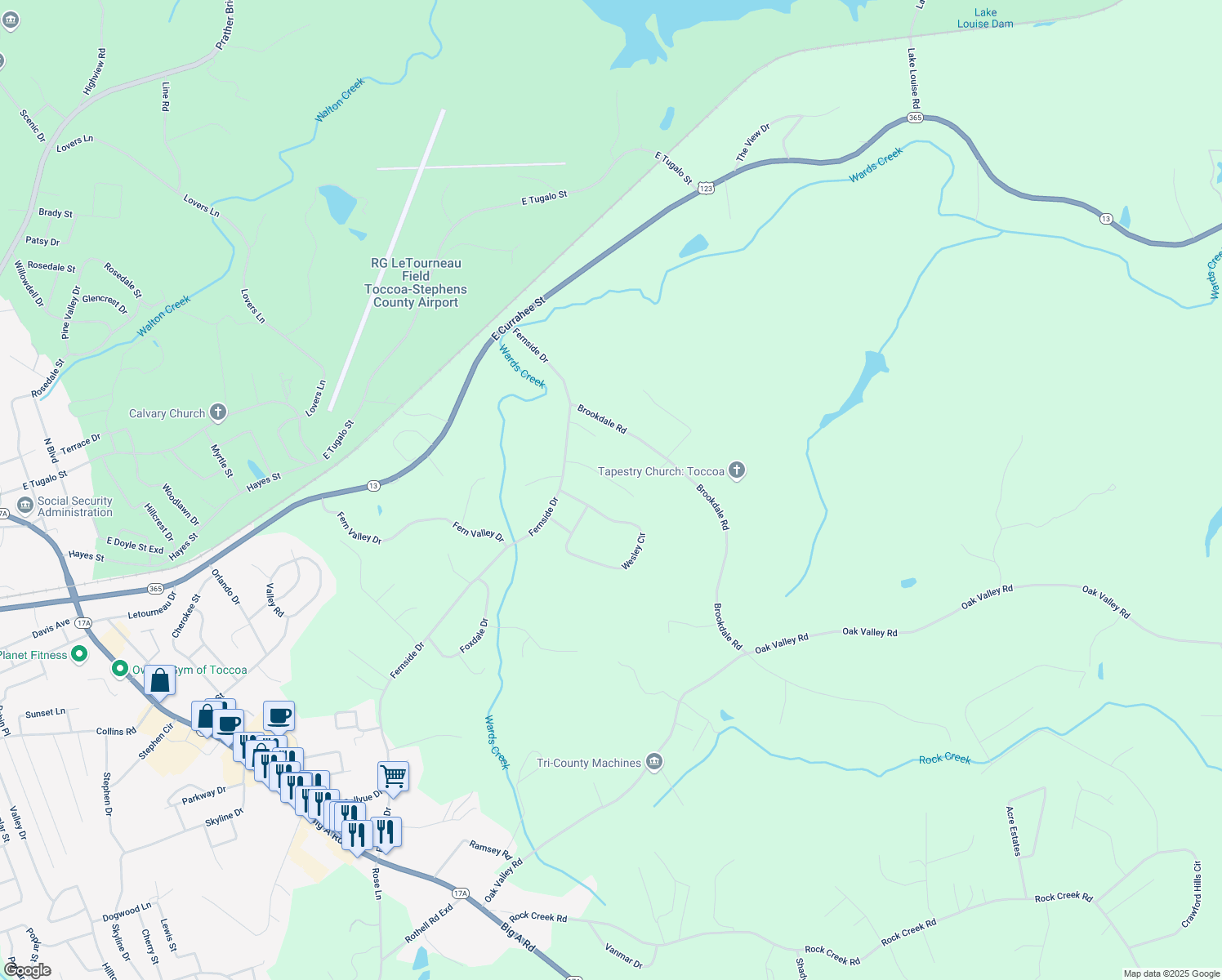 map of restaurants, bars, coffee shops, grocery stores, and more near 152 Shangrila Drive in Toccoa