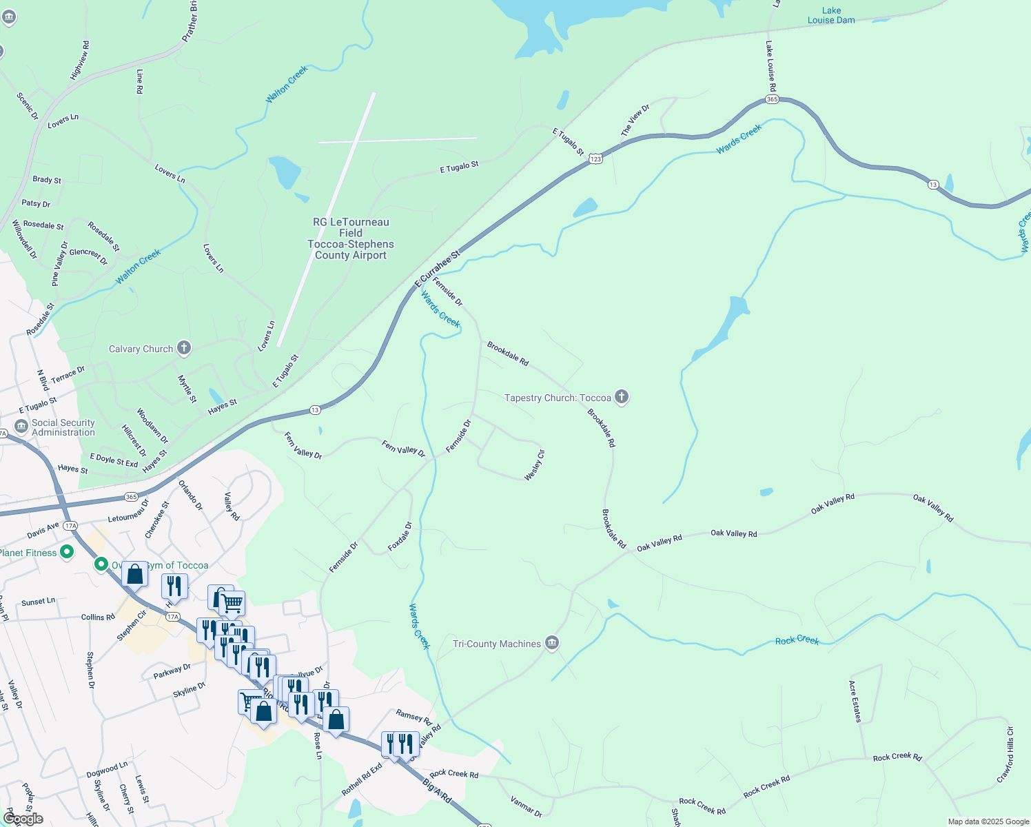 map of restaurants, bars, coffee shops, grocery stores, and more near 152 Shangrila Drive in Toccoa