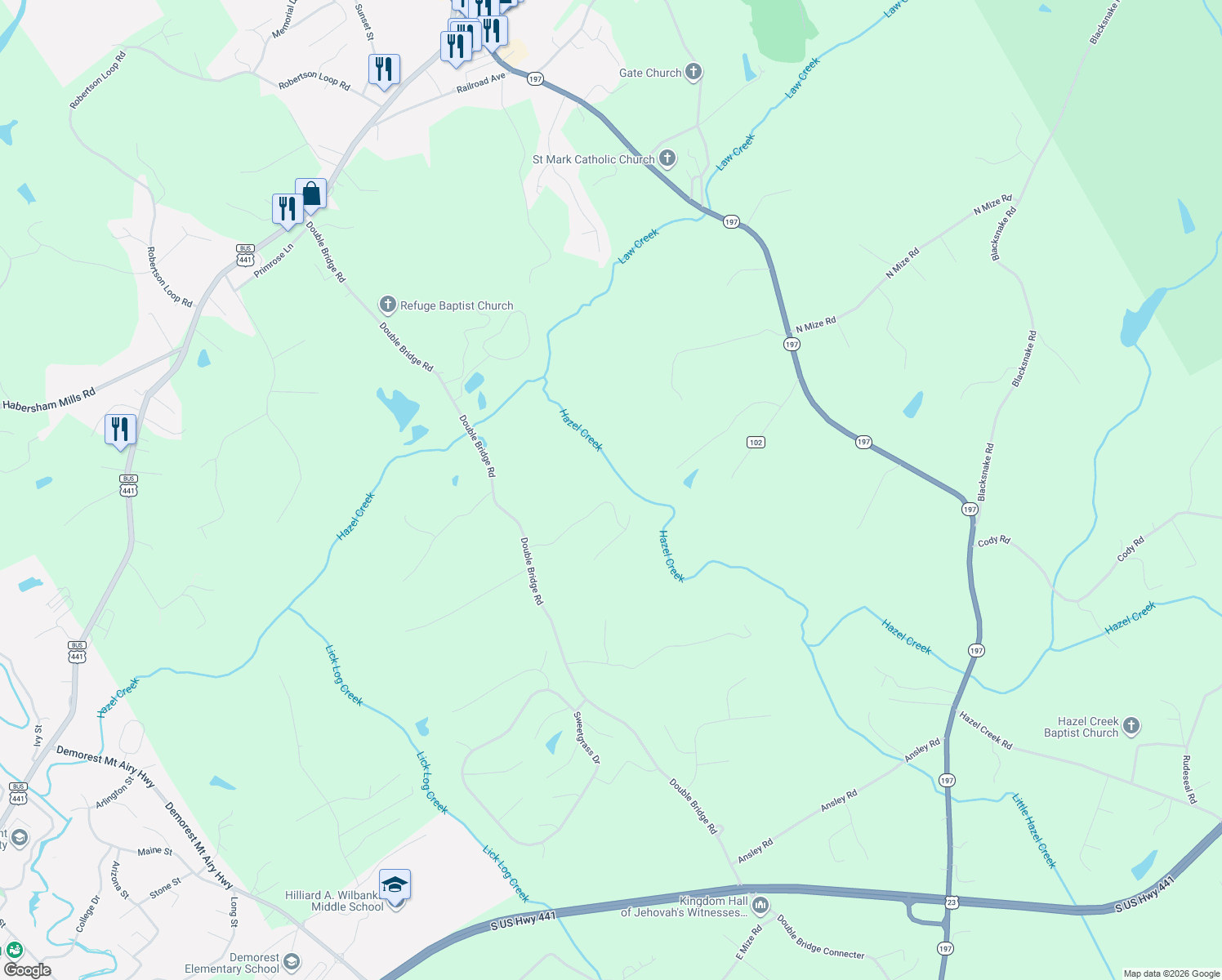 map of restaurants, bars, coffee shops, grocery stores, and more near 253 Sterling Meadows Drive in Demorest