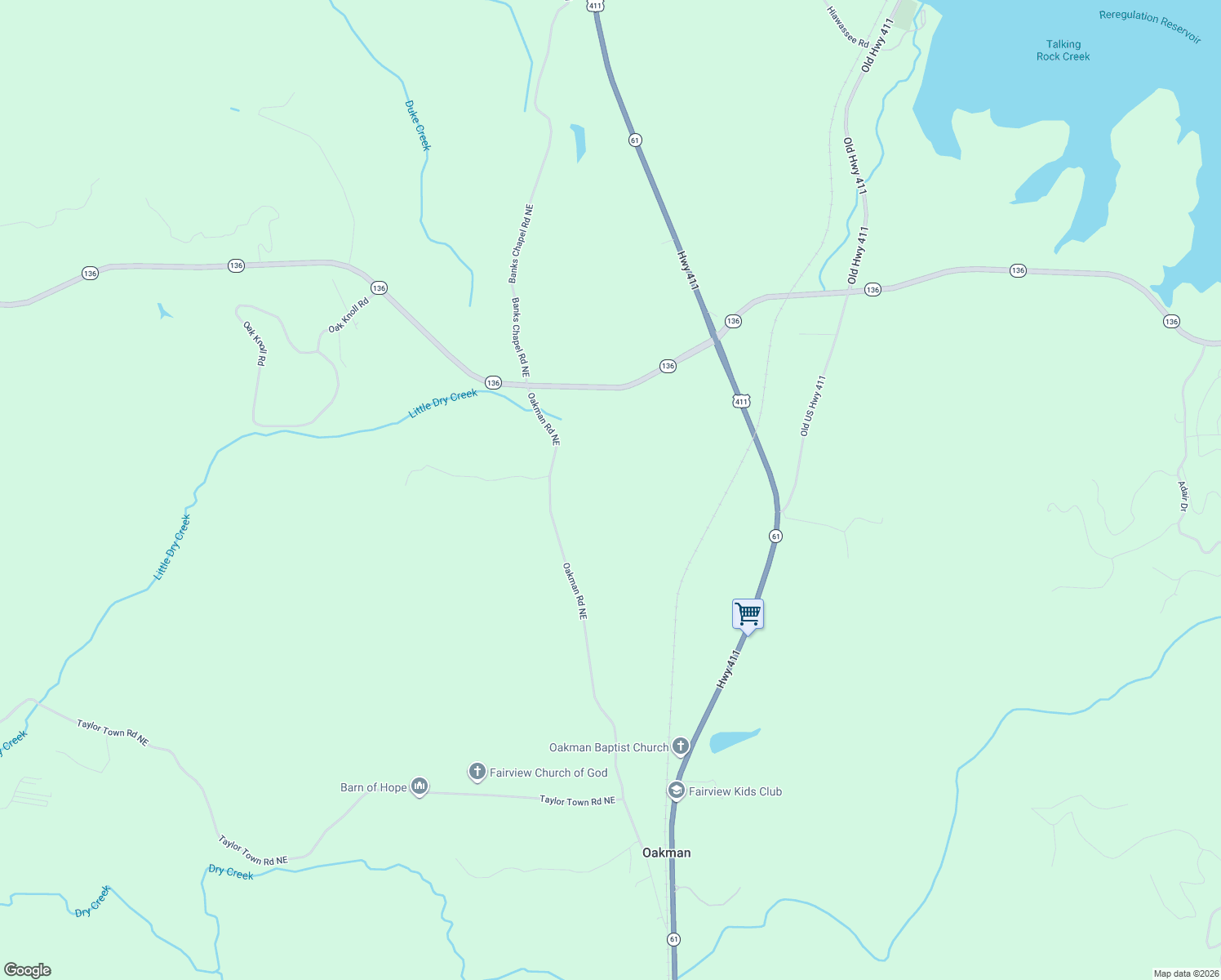 map of restaurants, bars, coffee shops, grocery stores, and more near in Oakman