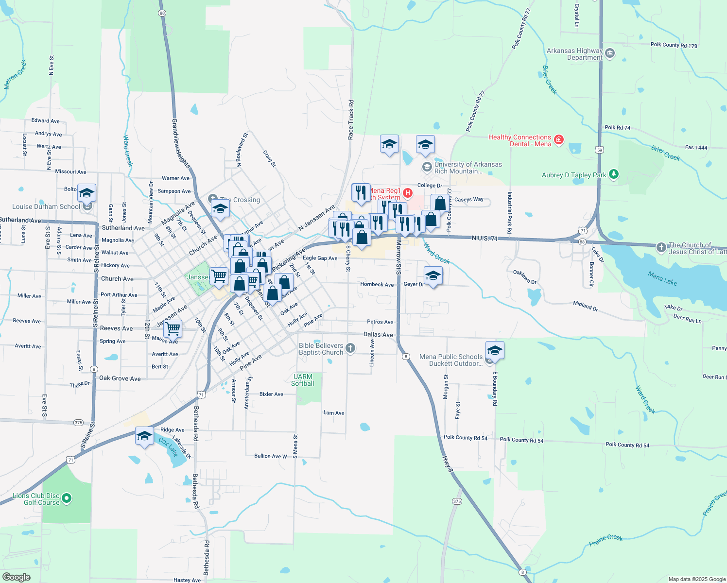 map of restaurants, bars, coffee shops, grocery stores, and more near 504 Proft Cir in Mena