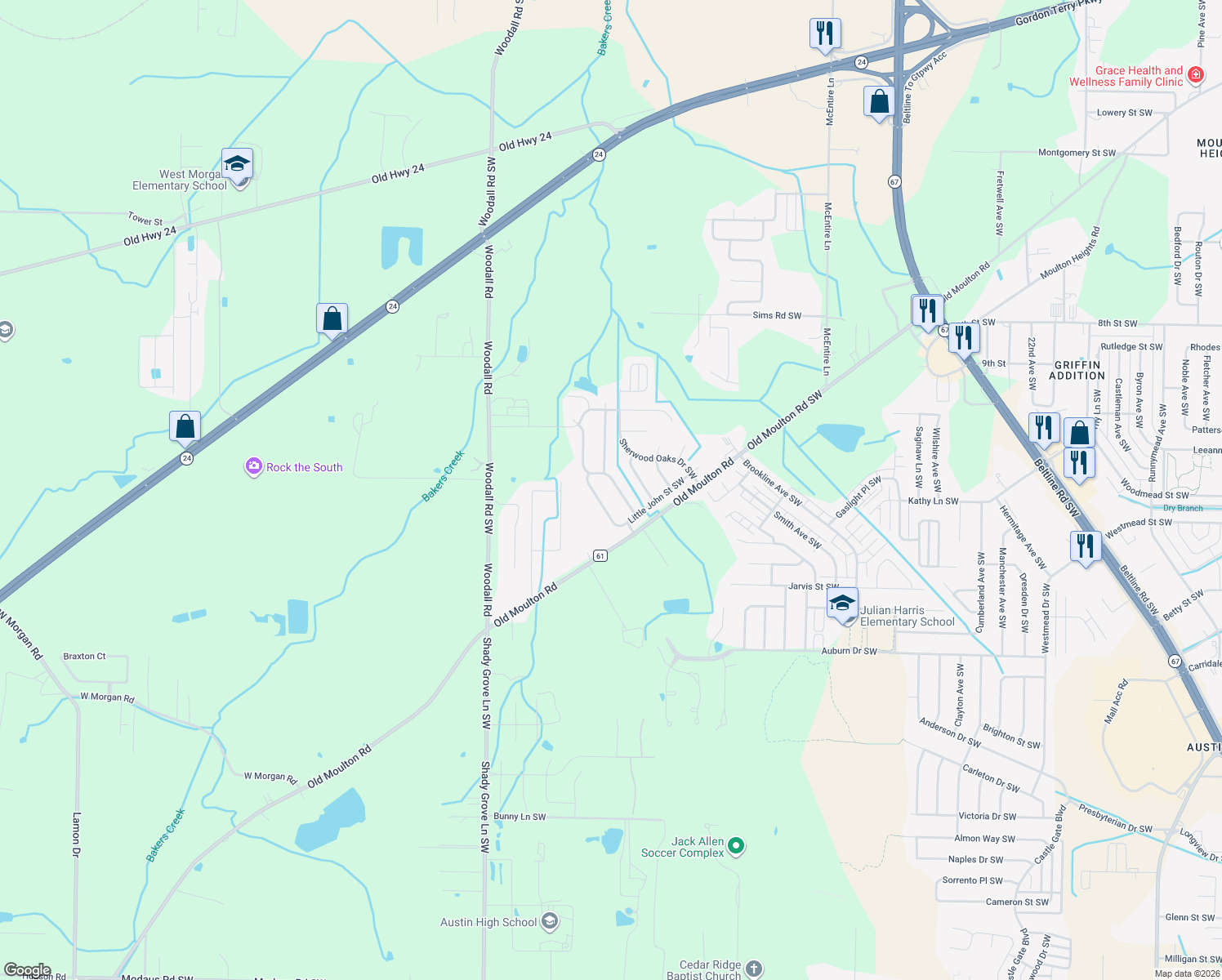map of restaurants, bars, coffee shops, grocery stores, and more near 1705 Lake Pointe Drive Southwest in Decatur