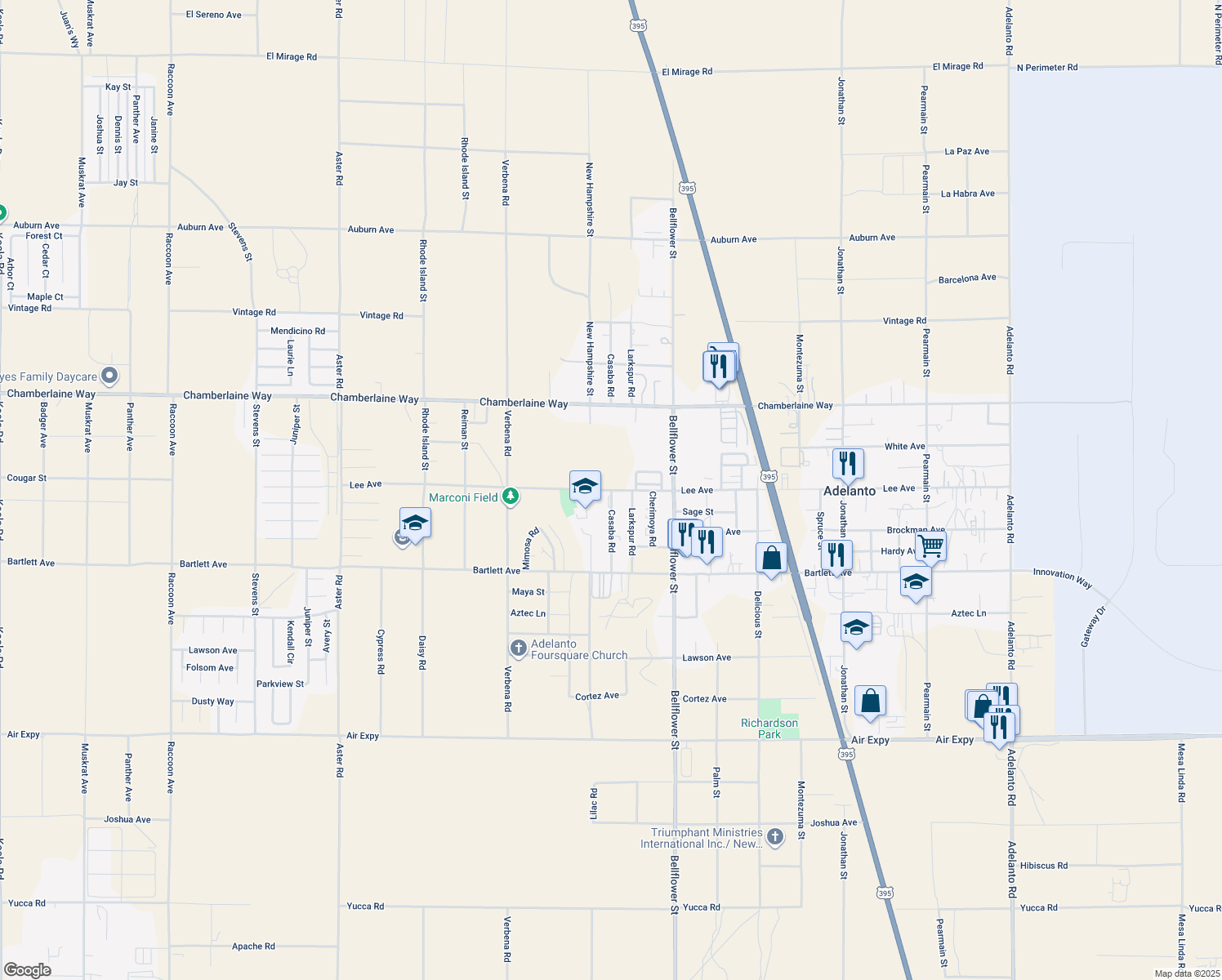 map of restaurants, bars, coffee shops, grocery stores, and more near Casaba Road in Adelanto