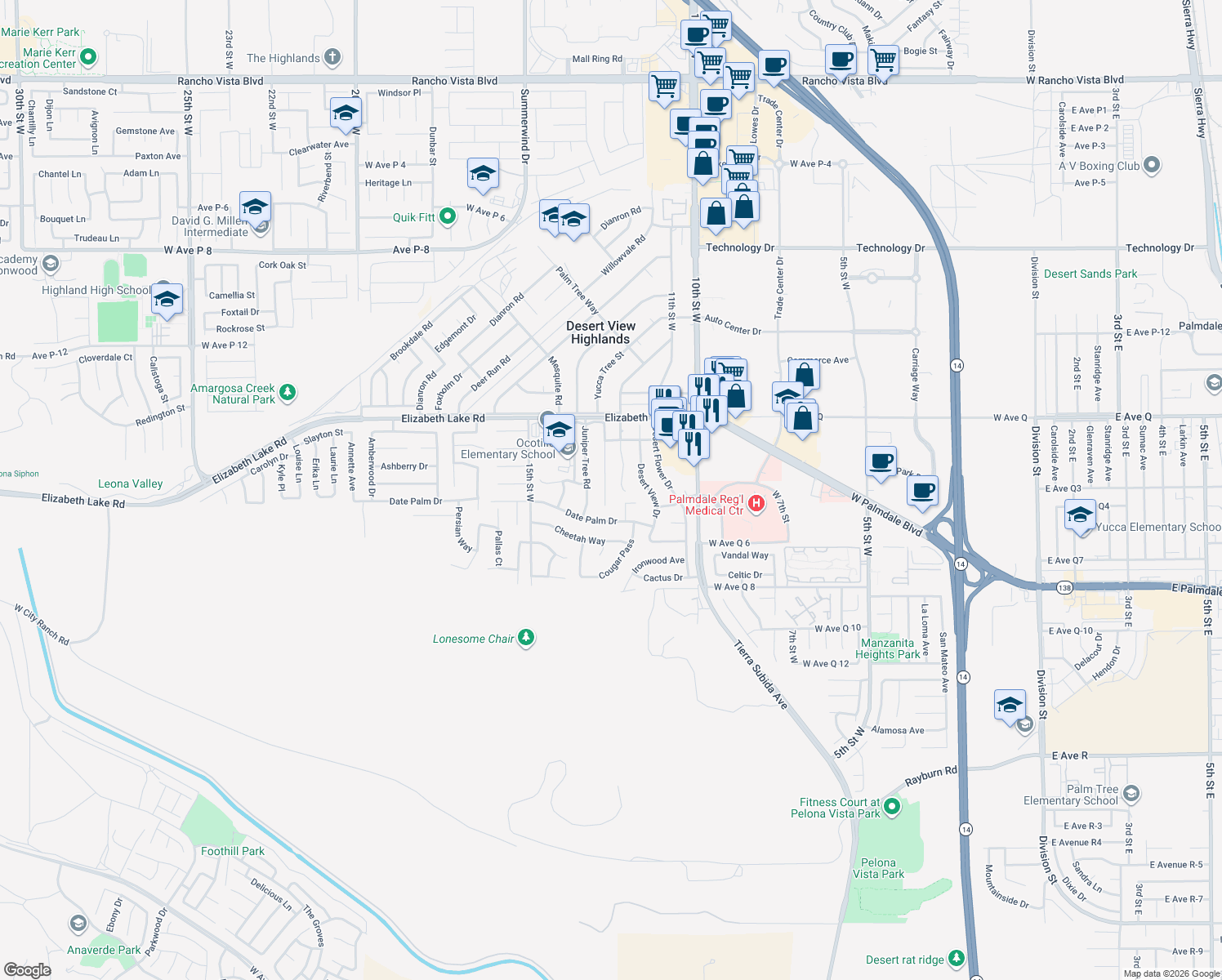 map of restaurants, bars, coffee shops, grocery stores, and more near 38618 Yucca Tree St in Palmdale