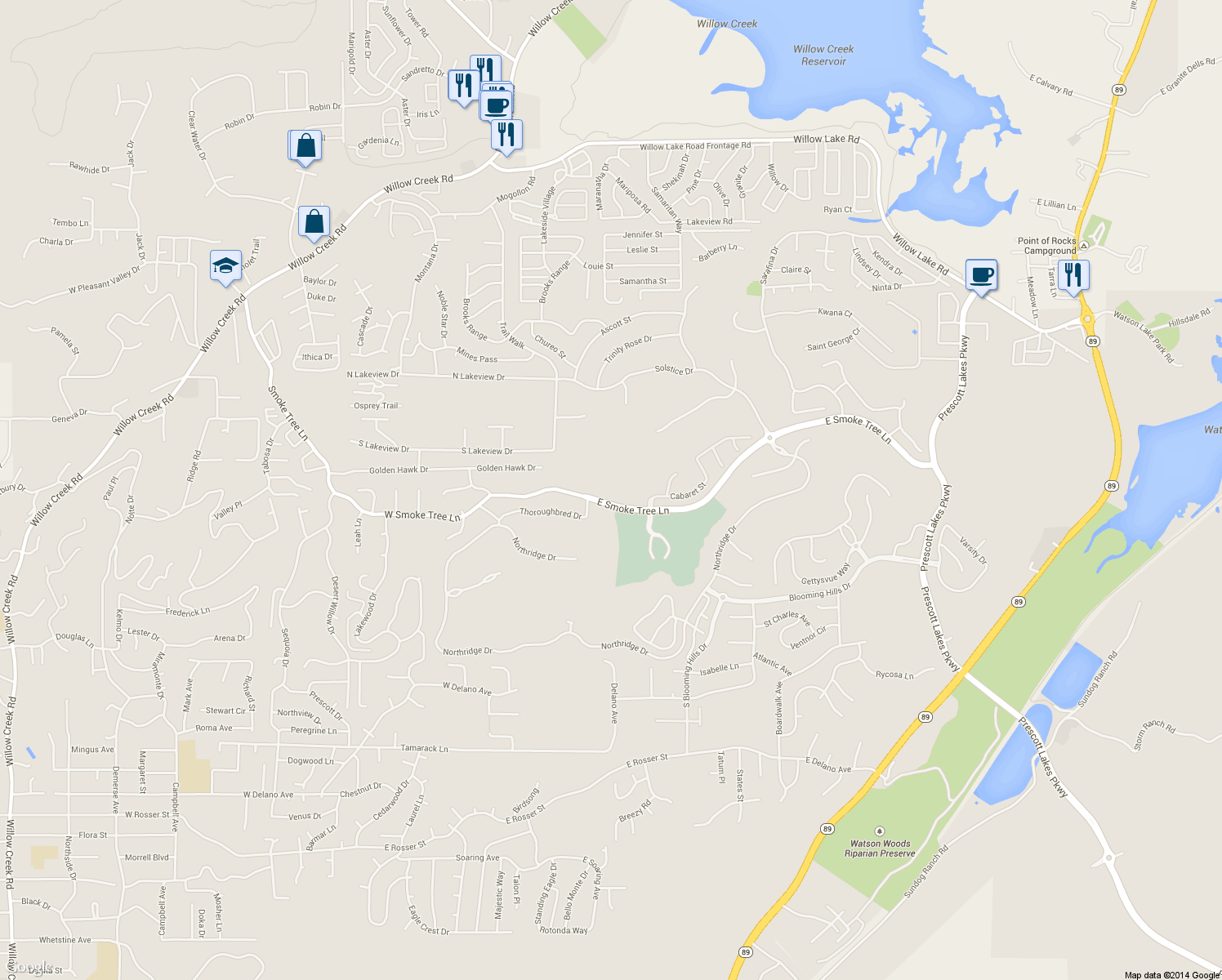 map of restaurants, bars, coffee shops, grocery stores, and more near 282 East Smoke Tree Lane in Prescott