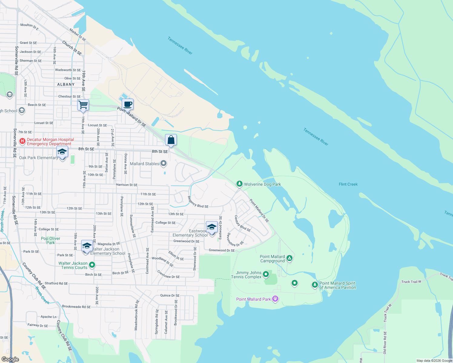 map of restaurants, bars, coffee shops, grocery stores, and more near 2204 Mallard Lane Southeast in Decatur