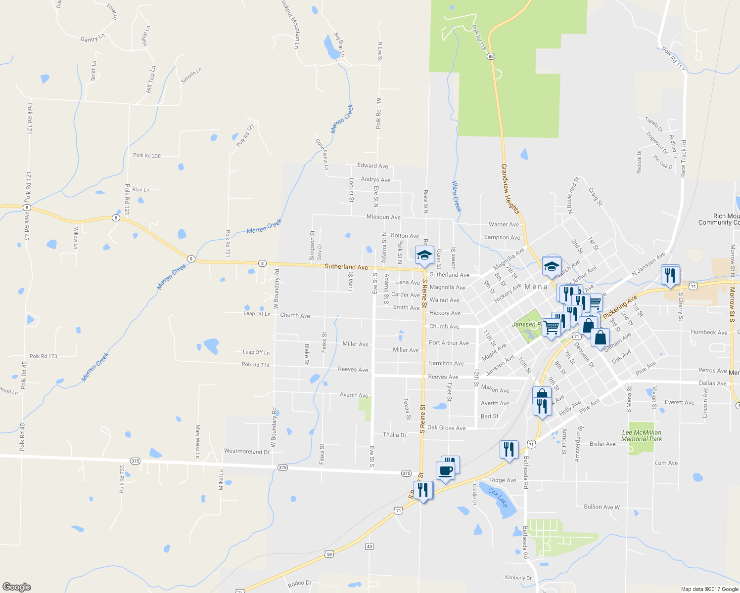 map of restaurants, bars, coffee shops, grocery stores, and more near 303 Eve Street South in Mena