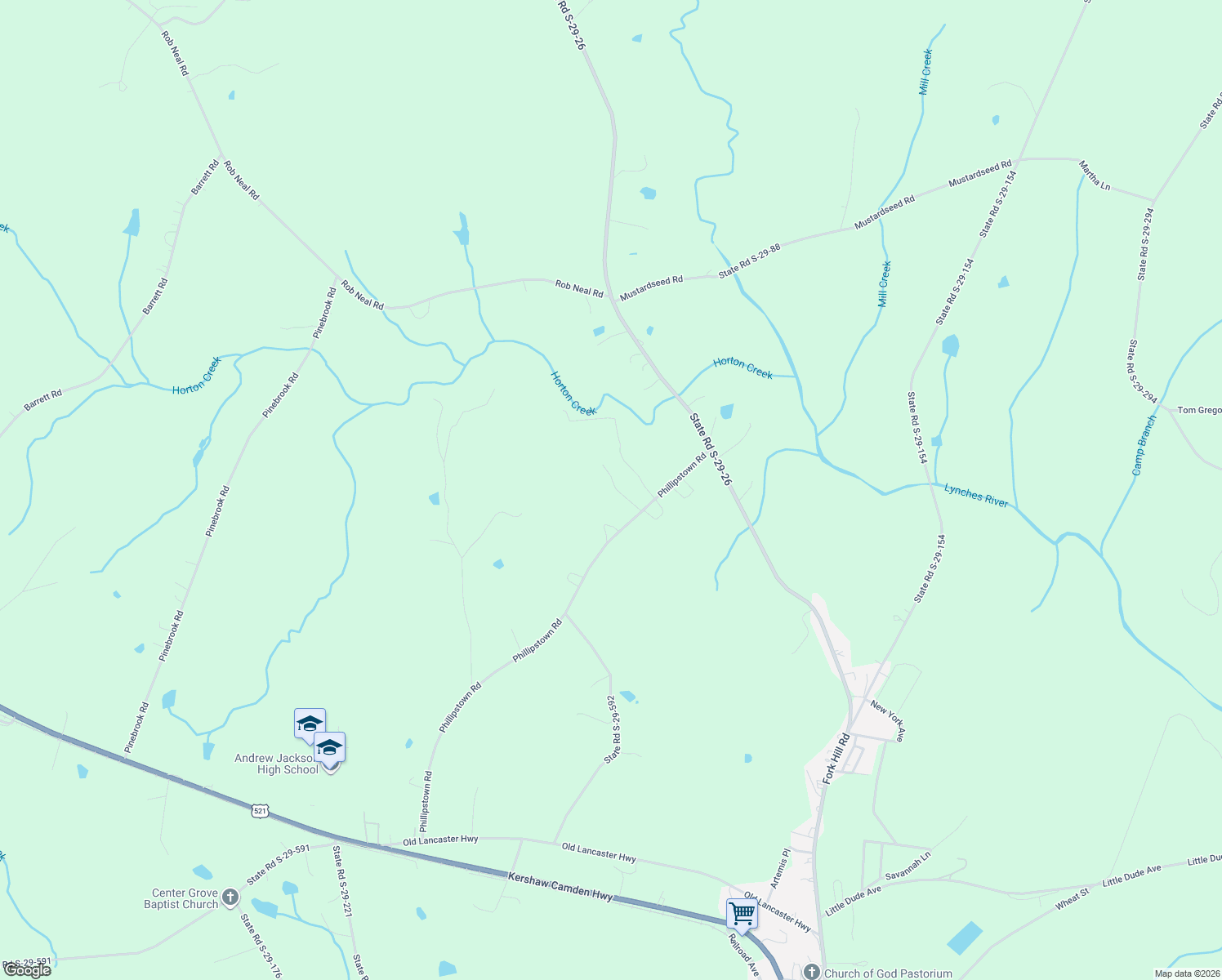 map of restaurants, bars, coffee shops, grocery stores, and more near 715 Phillipstown Road in Kershaw