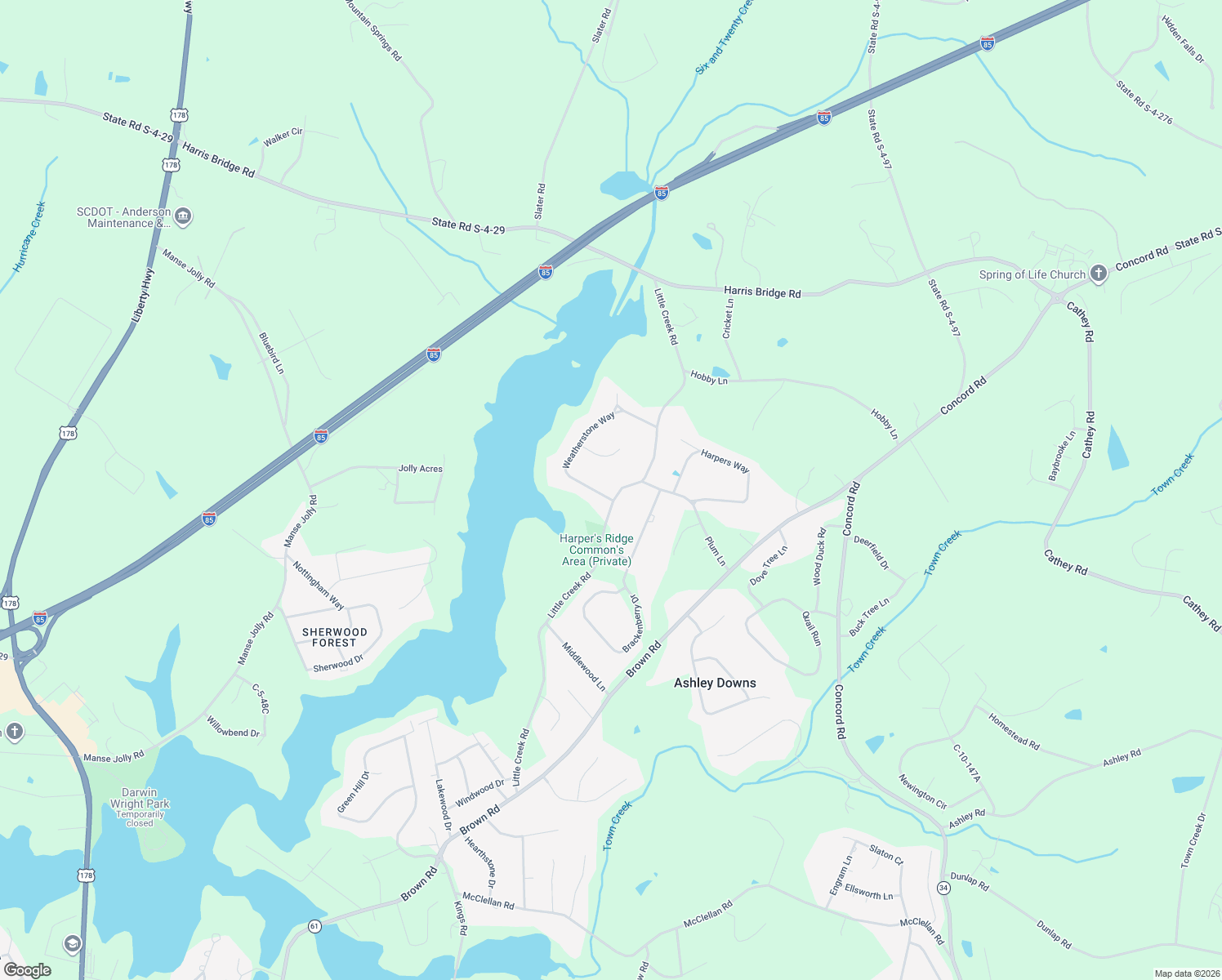 map of restaurants, bars, coffee shops, grocery stores, and more near 601 Little Creek Road in Anderson