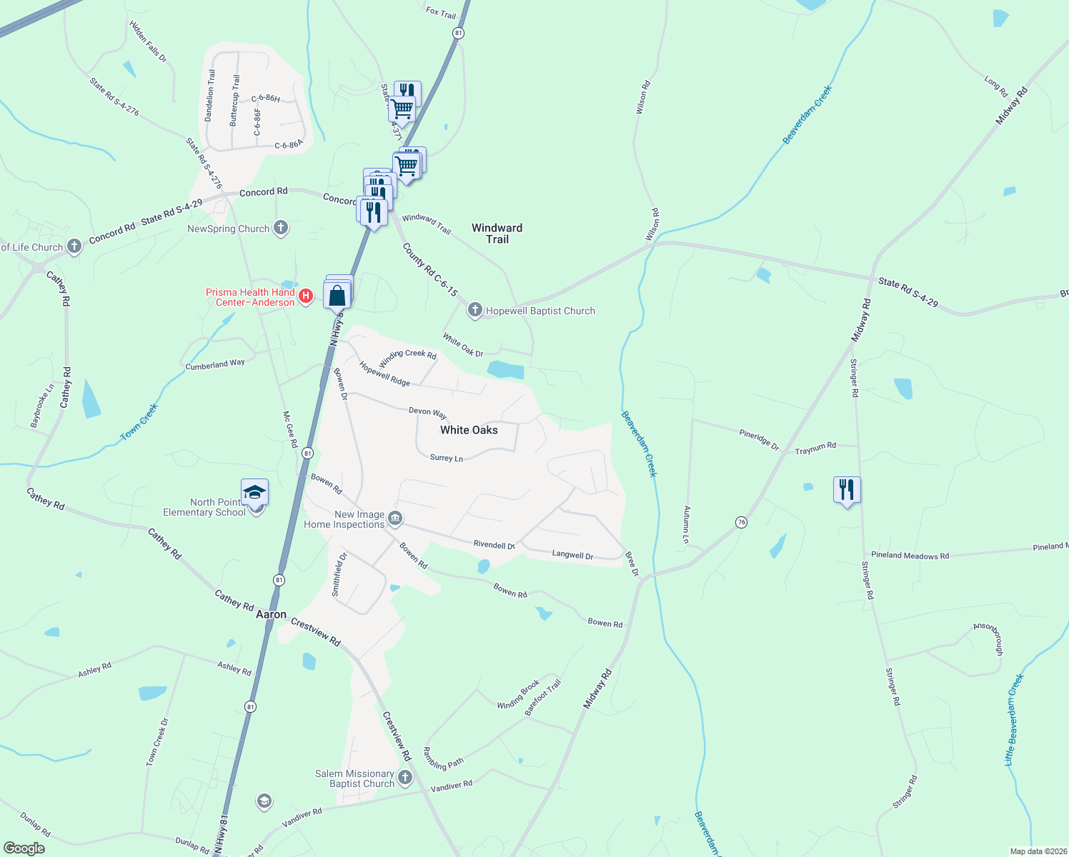 map of restaurants, bars, coffee shops, grocery stores, and more near 402 Devon Way in Anderson