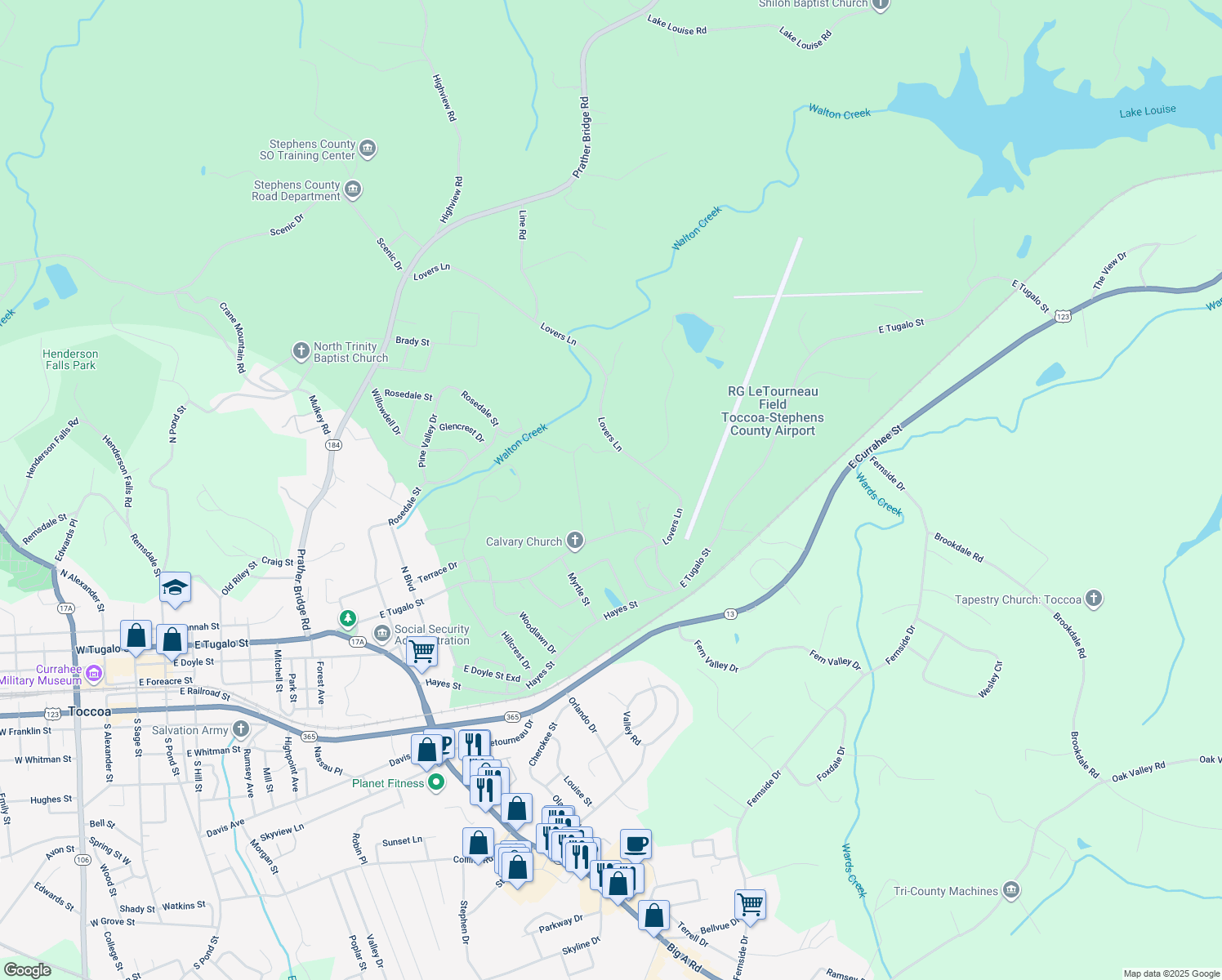 map of restaurants, bars, coffee shops, grocery stores, and more near 348 Cross Creek Lane in Toccoa