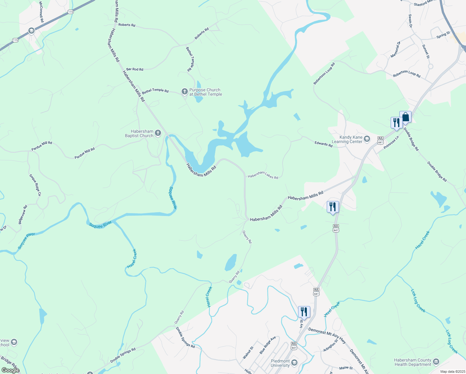 map of restaurants, bars, coffee shops, grocery stores, and more near 1280 Habersham Mills Road in Demorest