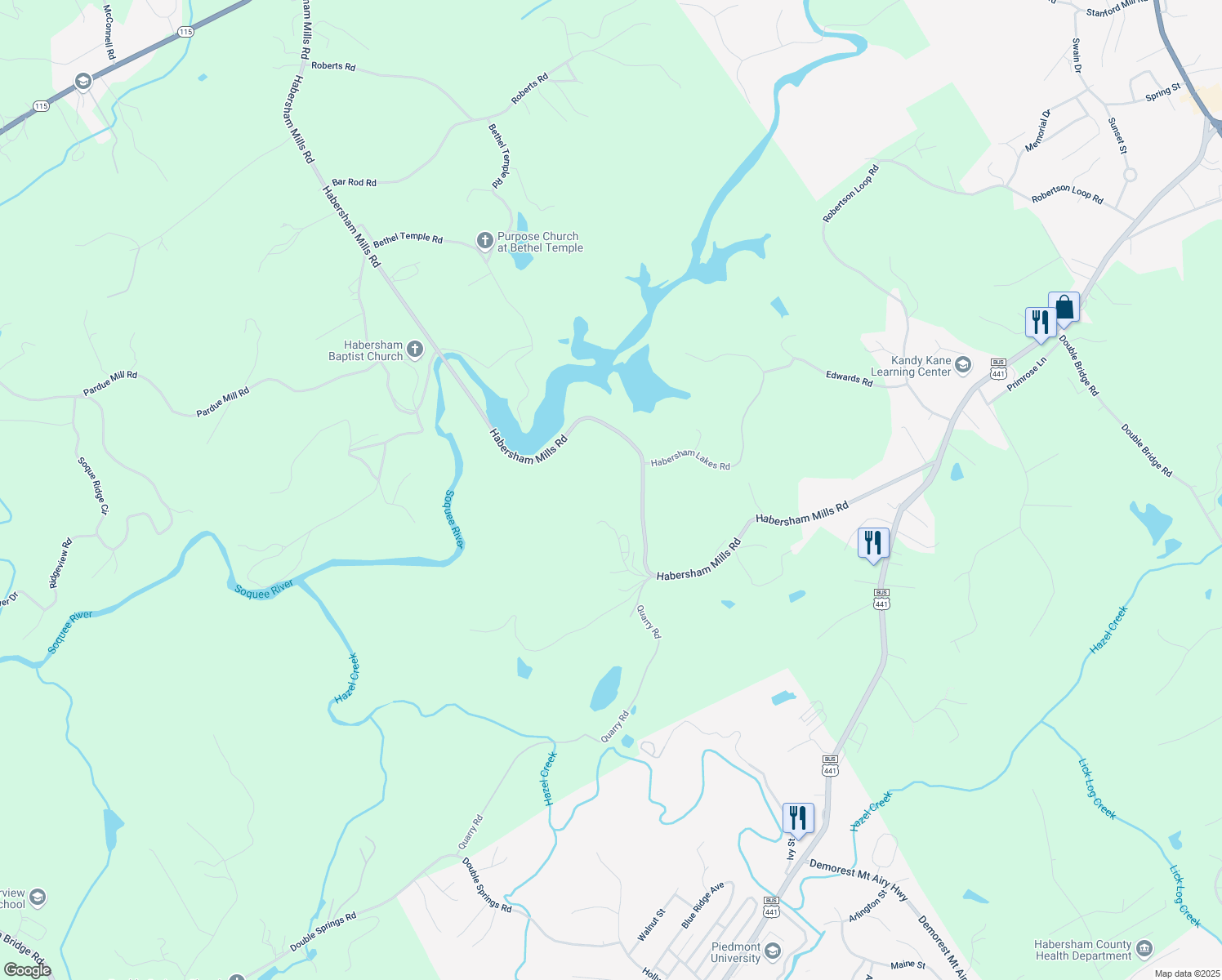 map of restaurants, bars, coffee shops, grocery stores, and more near 1280 Habersham Mills Road in Demorest