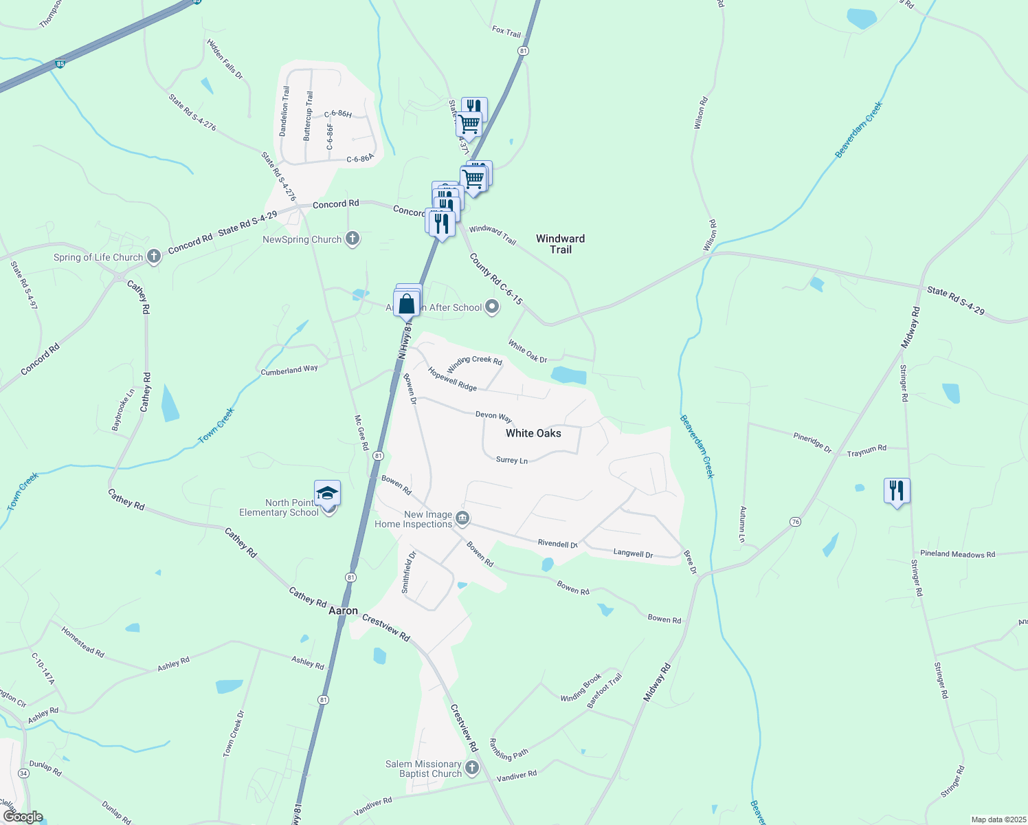 map of restaurants, bars, coffee shops, grocery stores, and more near 209 Devon Way in Anderson