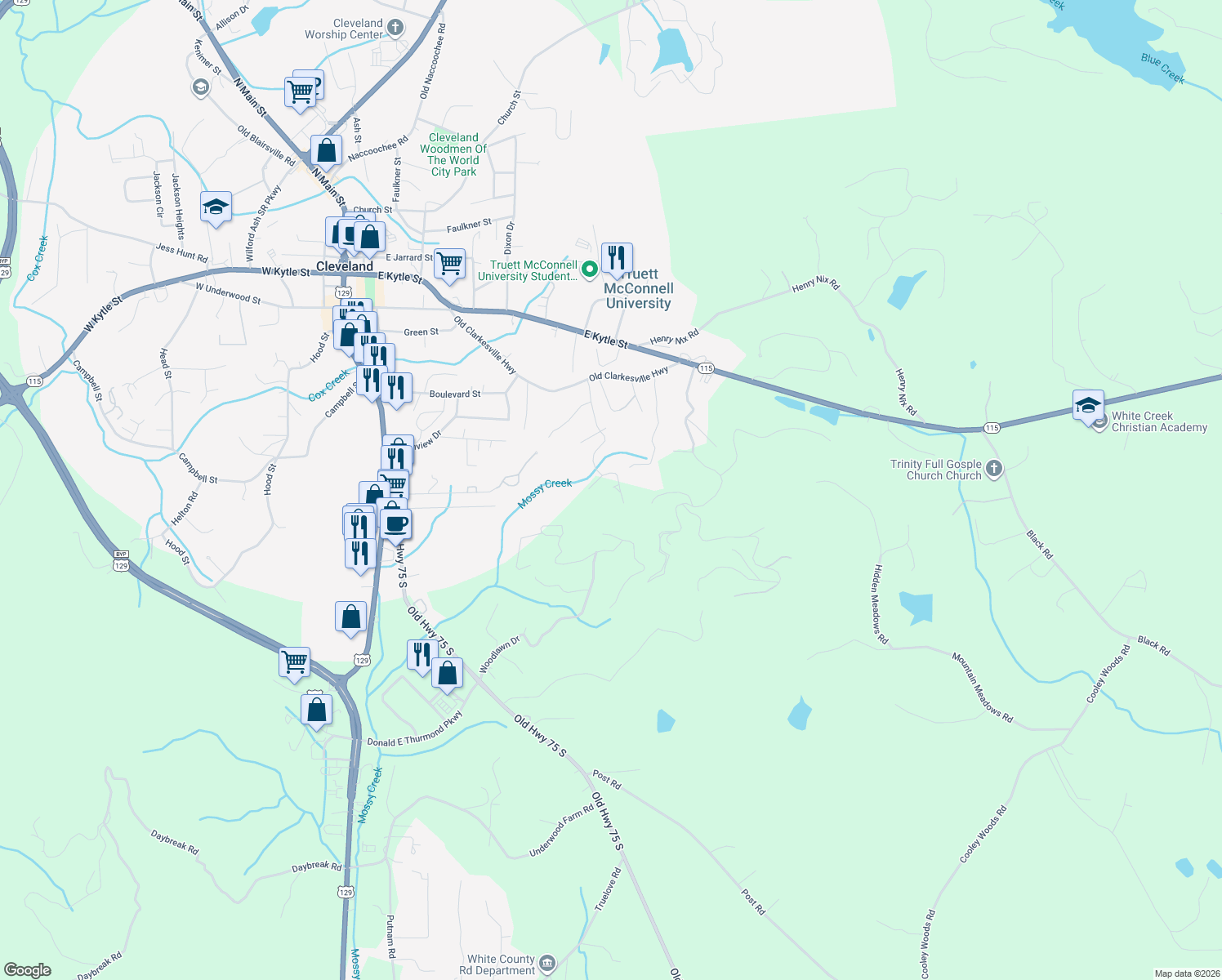 map of restaurants, bars, coffee shops, grocery stores, and more near 415 Leafview Drive in Cleveland