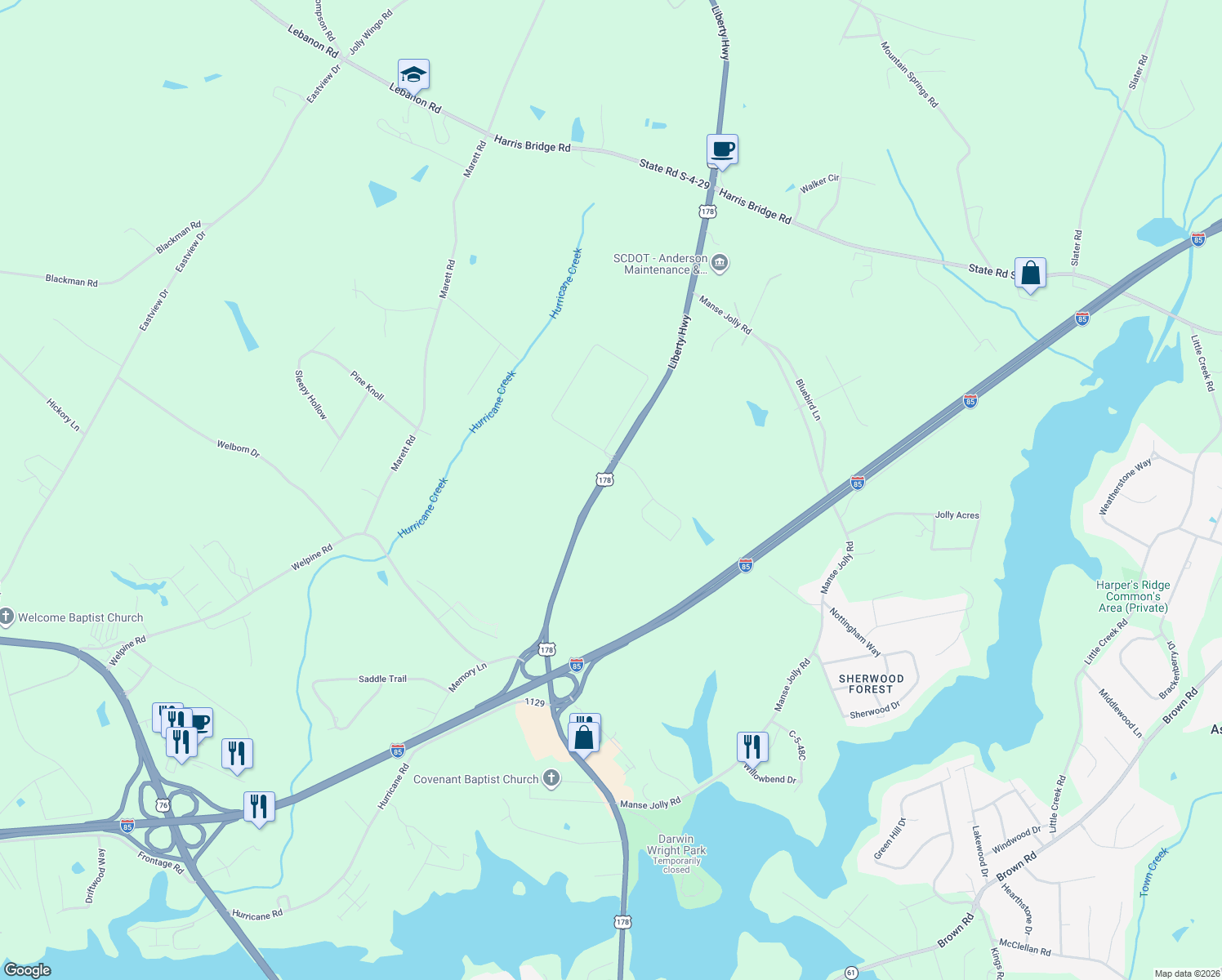 map of restaurants, bars, coffee shops, grocery stores, and more near 4654 Liberty Highway in Anderson
