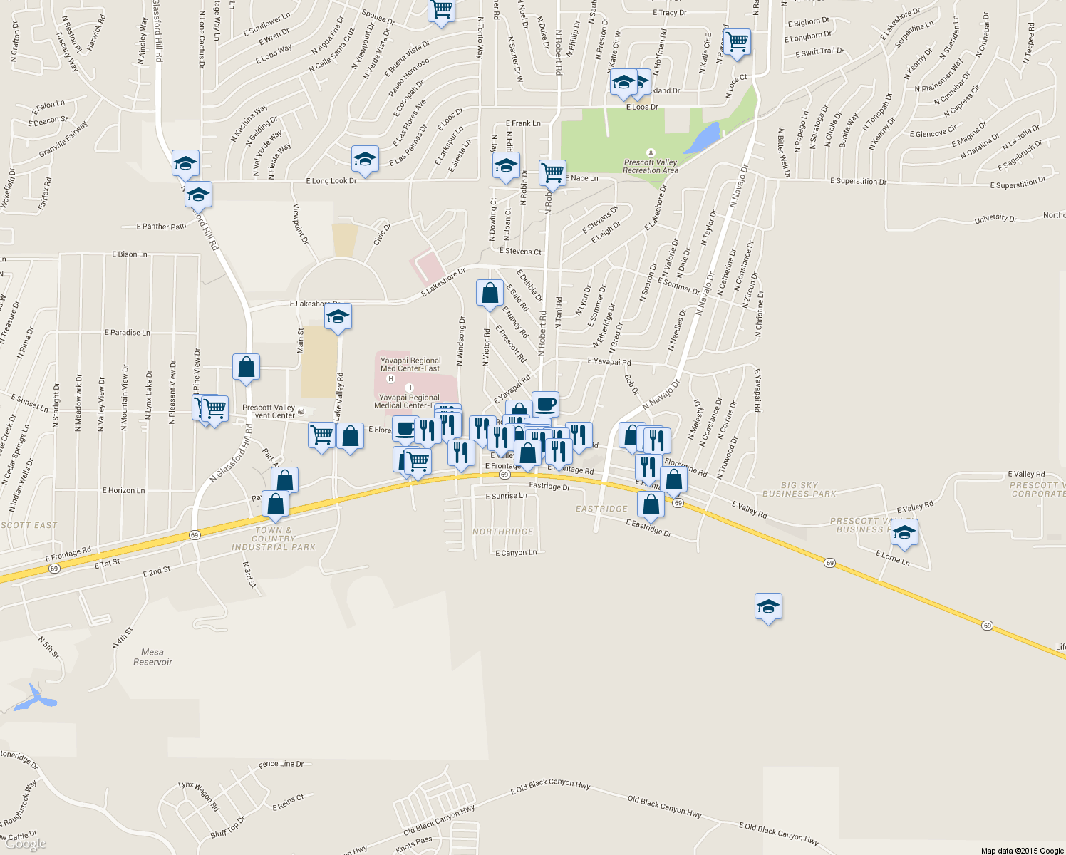 map of restaurants, bars, coffee shops, grocery stores, and more near 3130 North Robert Road in Prescott Valley