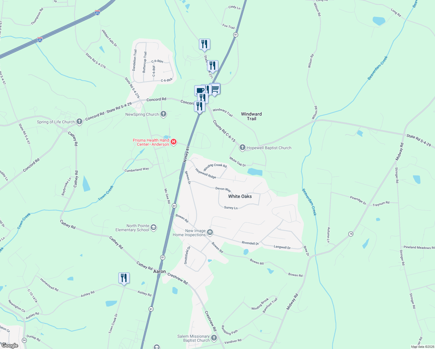 map of restaurants, bars, coffee shops, grocery stores, and more near 122 Winding Creek Road in Anderson