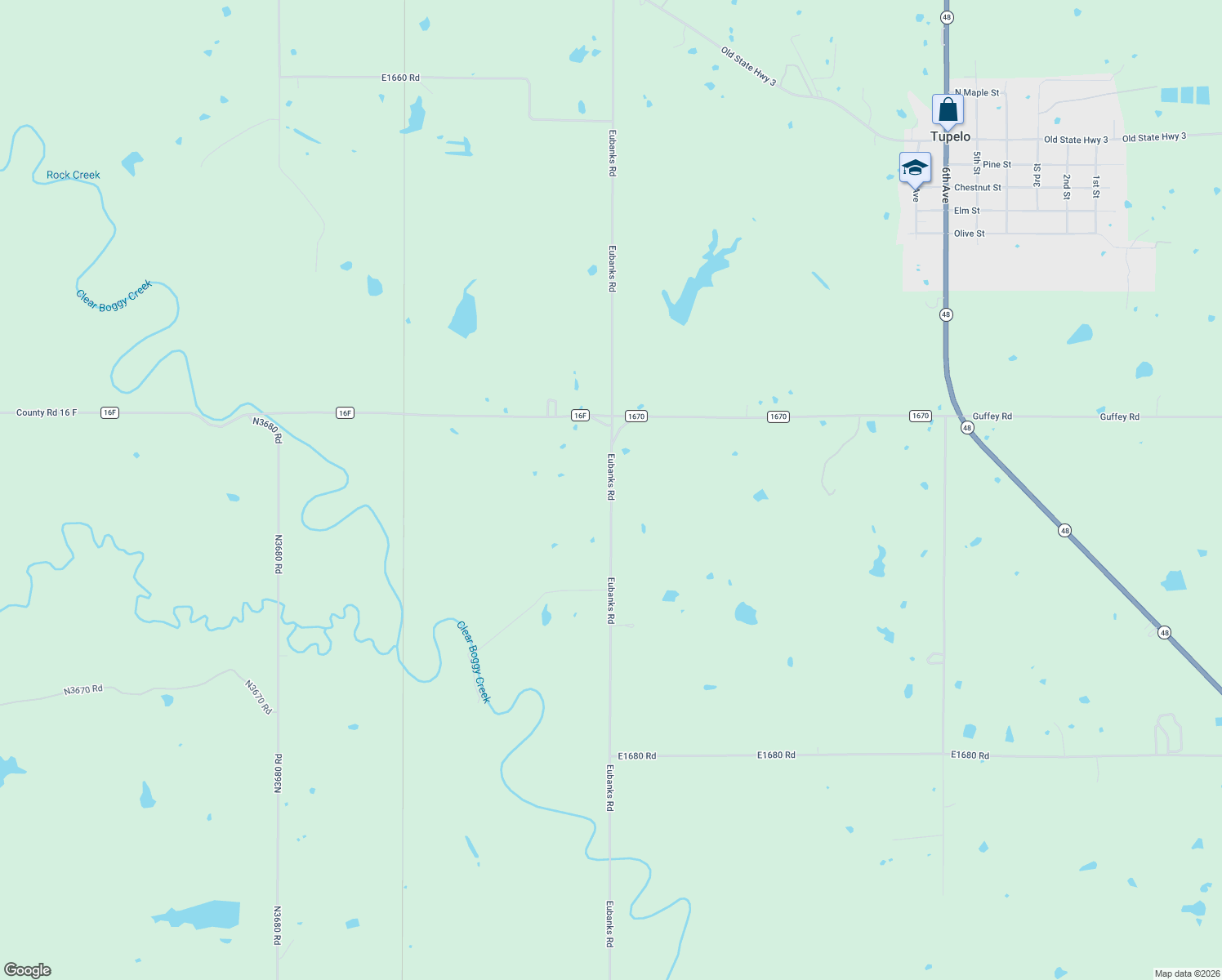 map of restaurants, bars, coffee shops, grocery stores, and more near Eubanks Road in Tupelo