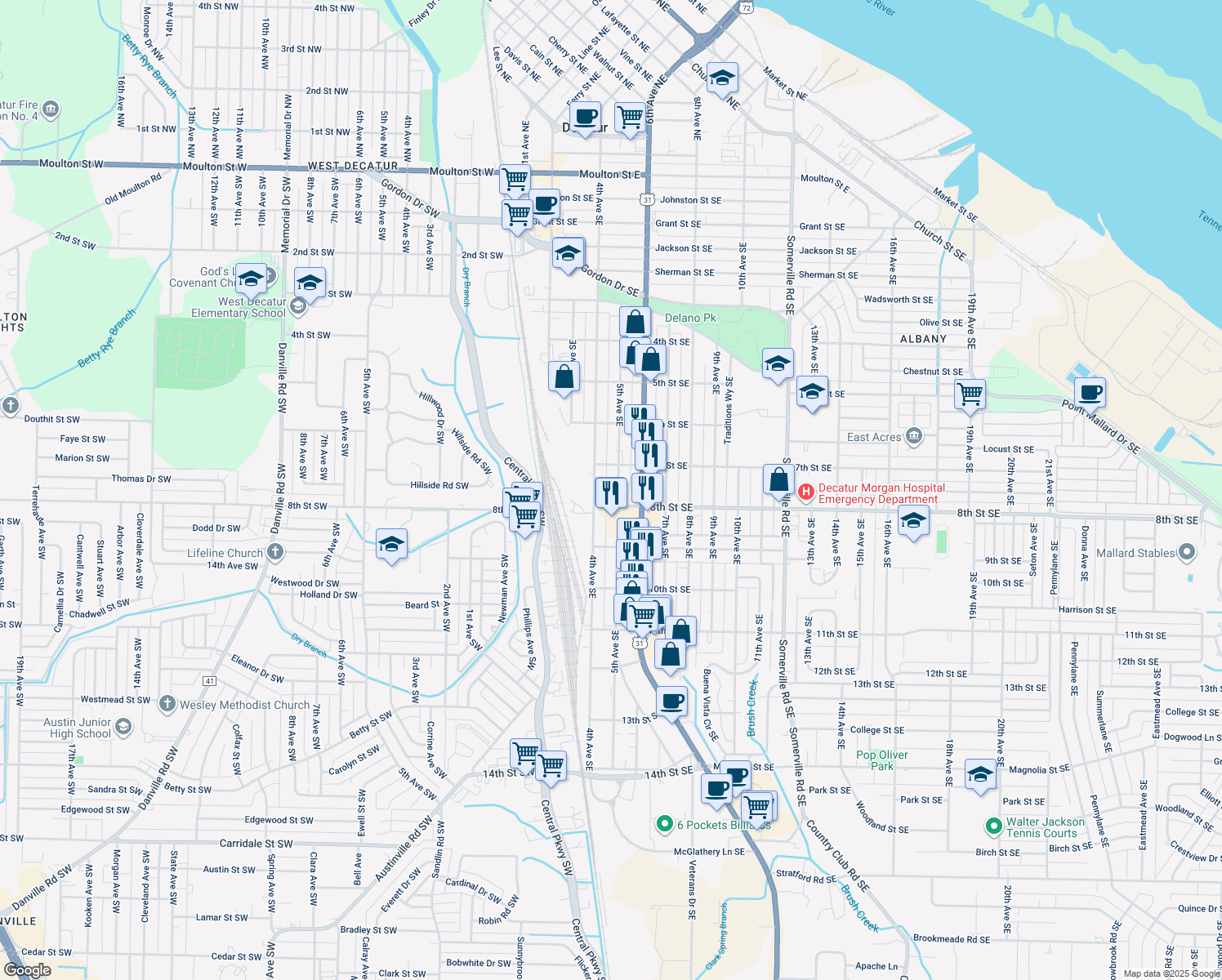 map of restaurants, bars, coffee shops, grocery stores, and more near 1121 5th Ave SE in Decatur